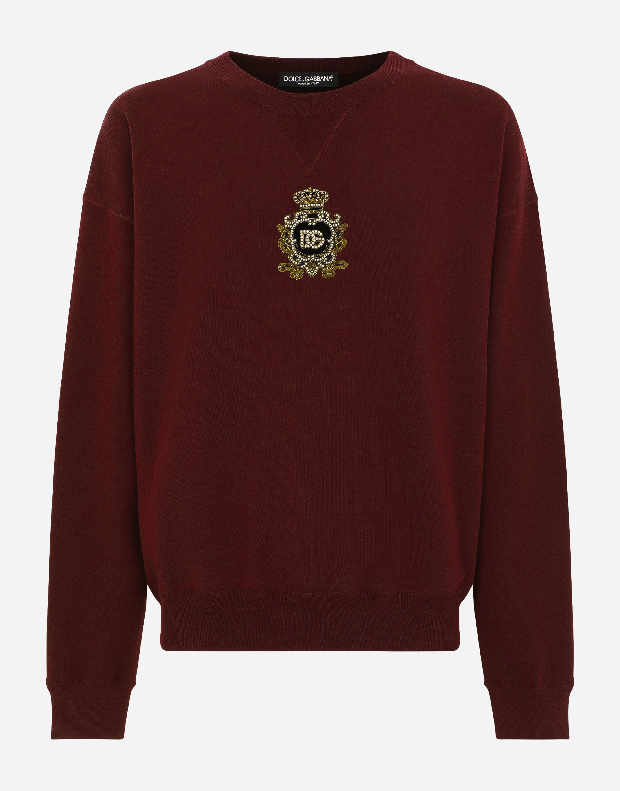 Dolce & Gabbana Cashmere And Wool Knit Sweatshirt With Dg Patch - Man Sweaters And Cardigans Burgundy Wool S