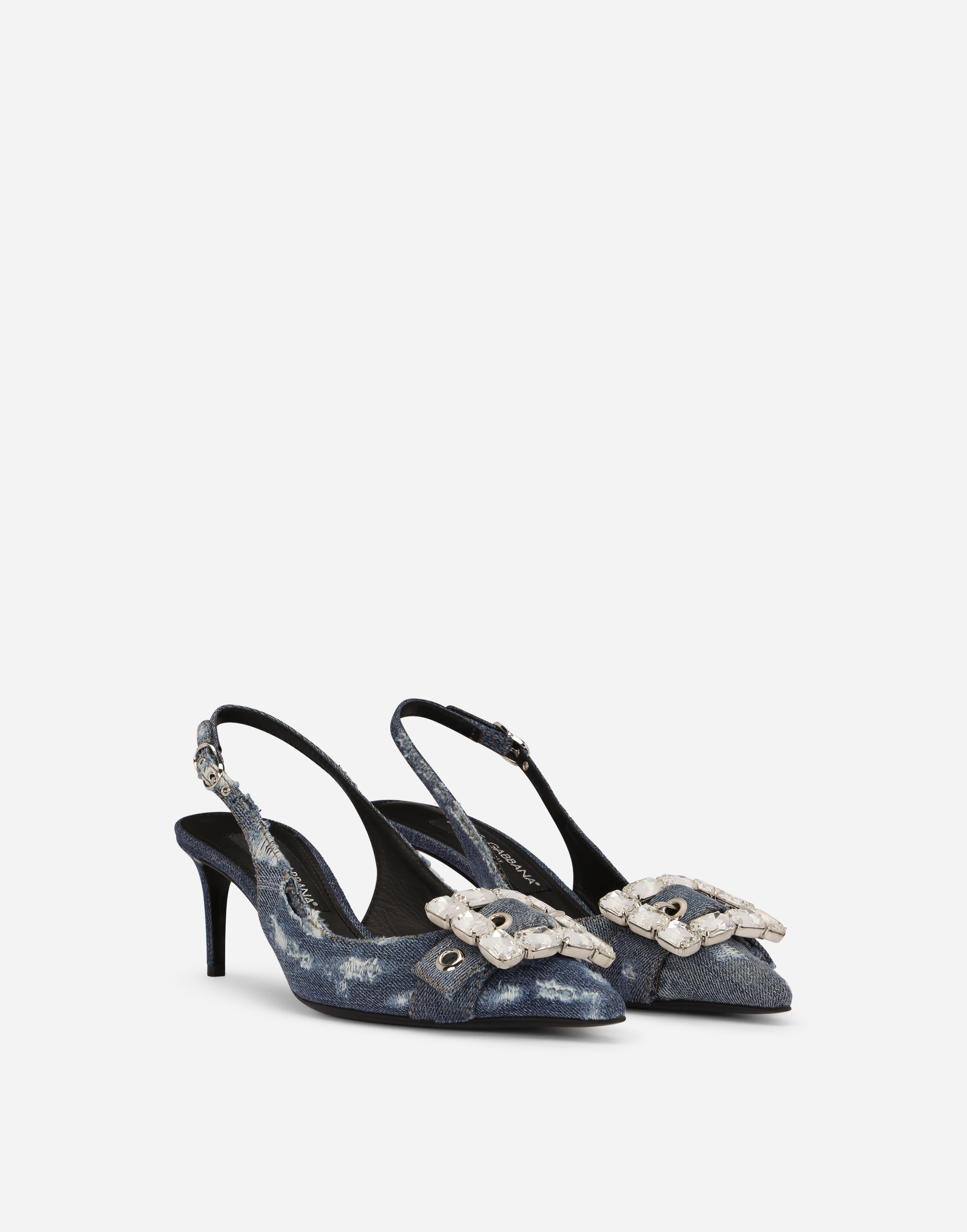 Shop Dolce & Gabbana Patchwork Denim Slingbacks With Rhinestone Buckle In Blue