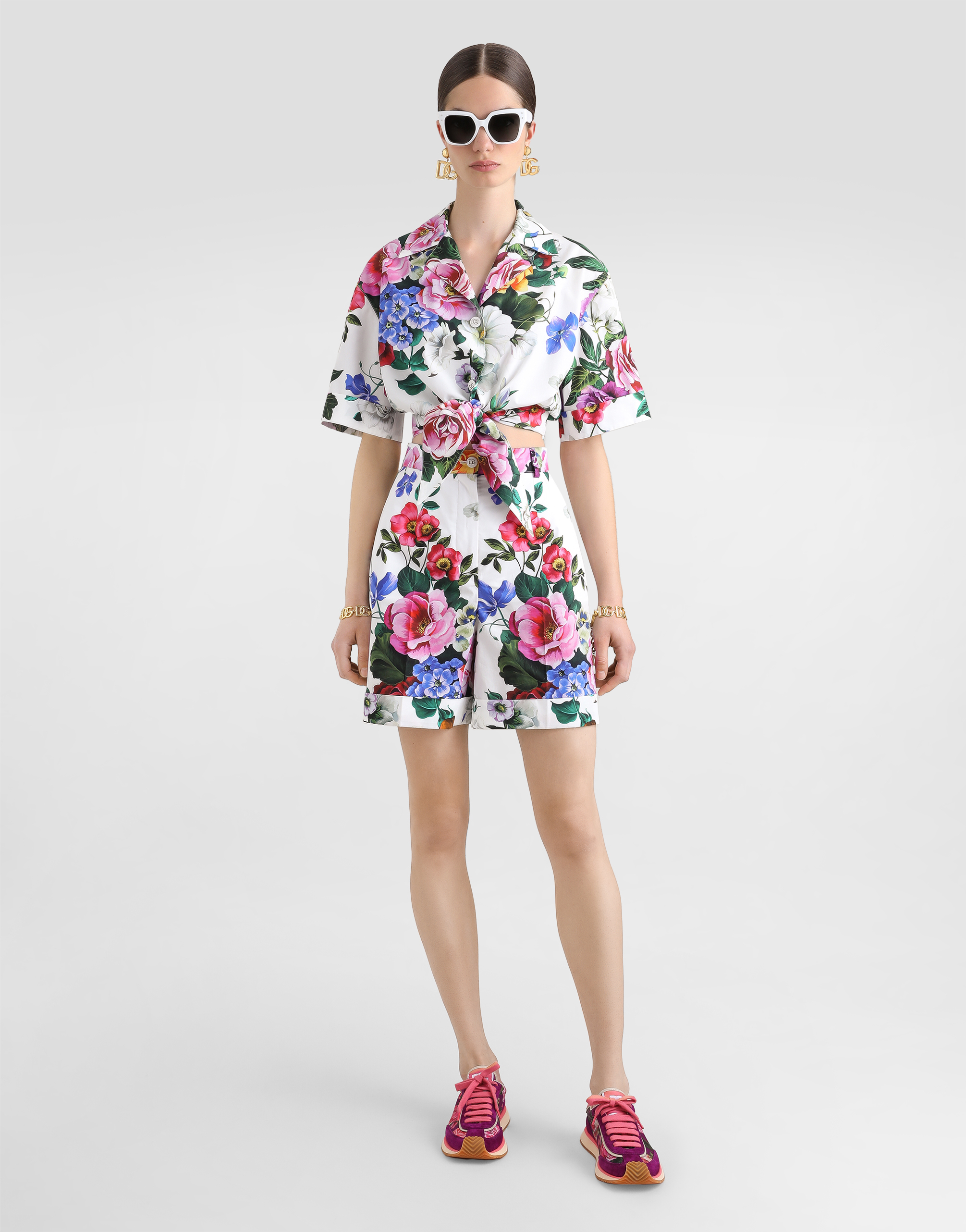 Dolce & Gabbana Multicolor Crop Shirt With All-over Floral Motif And Logo Lettering Detail On The Front In Cotton Wo In Print