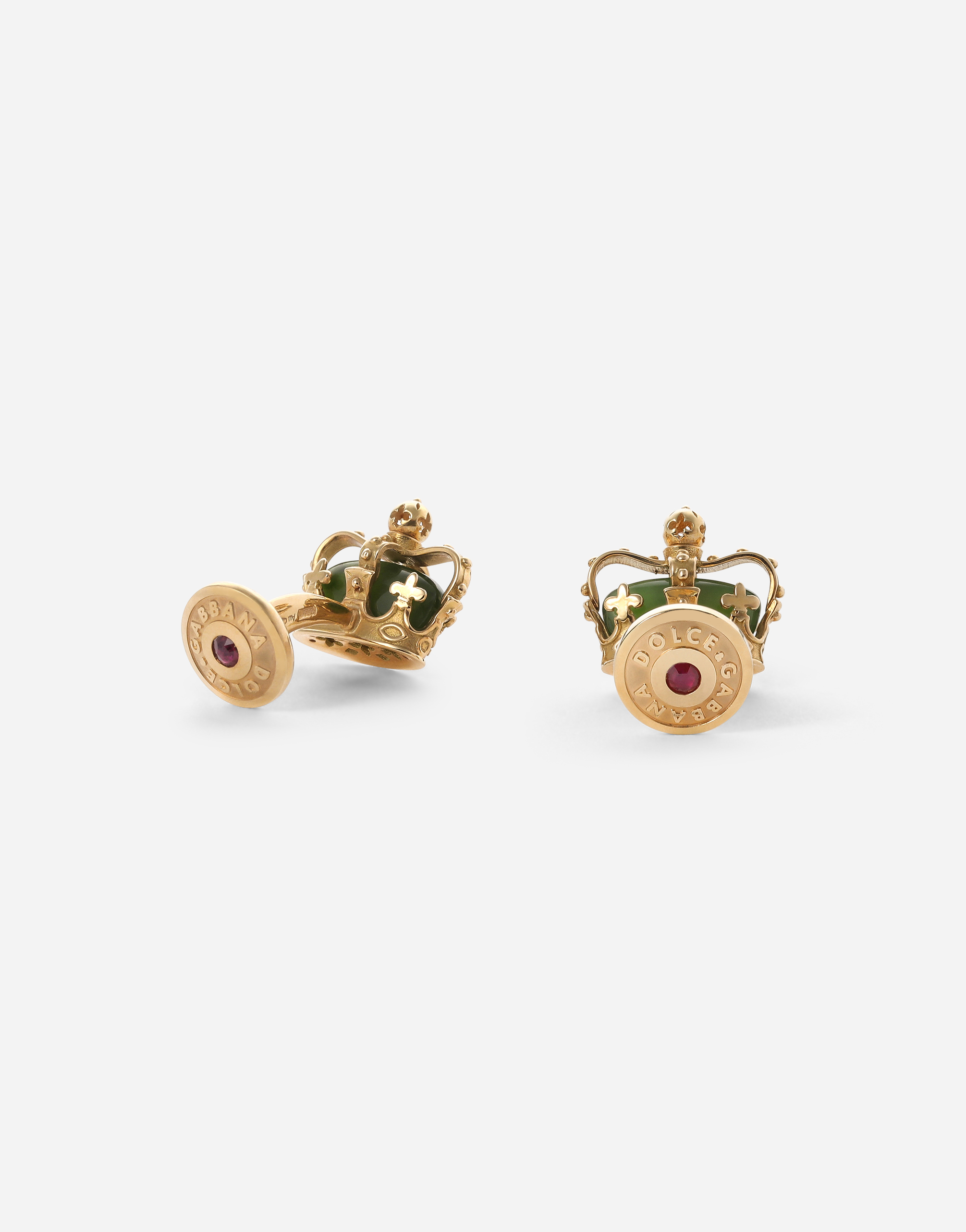 DOLCE & GABBANA CROWN YELLOW GOLD CUFFLINKS WITH GREEN JADES