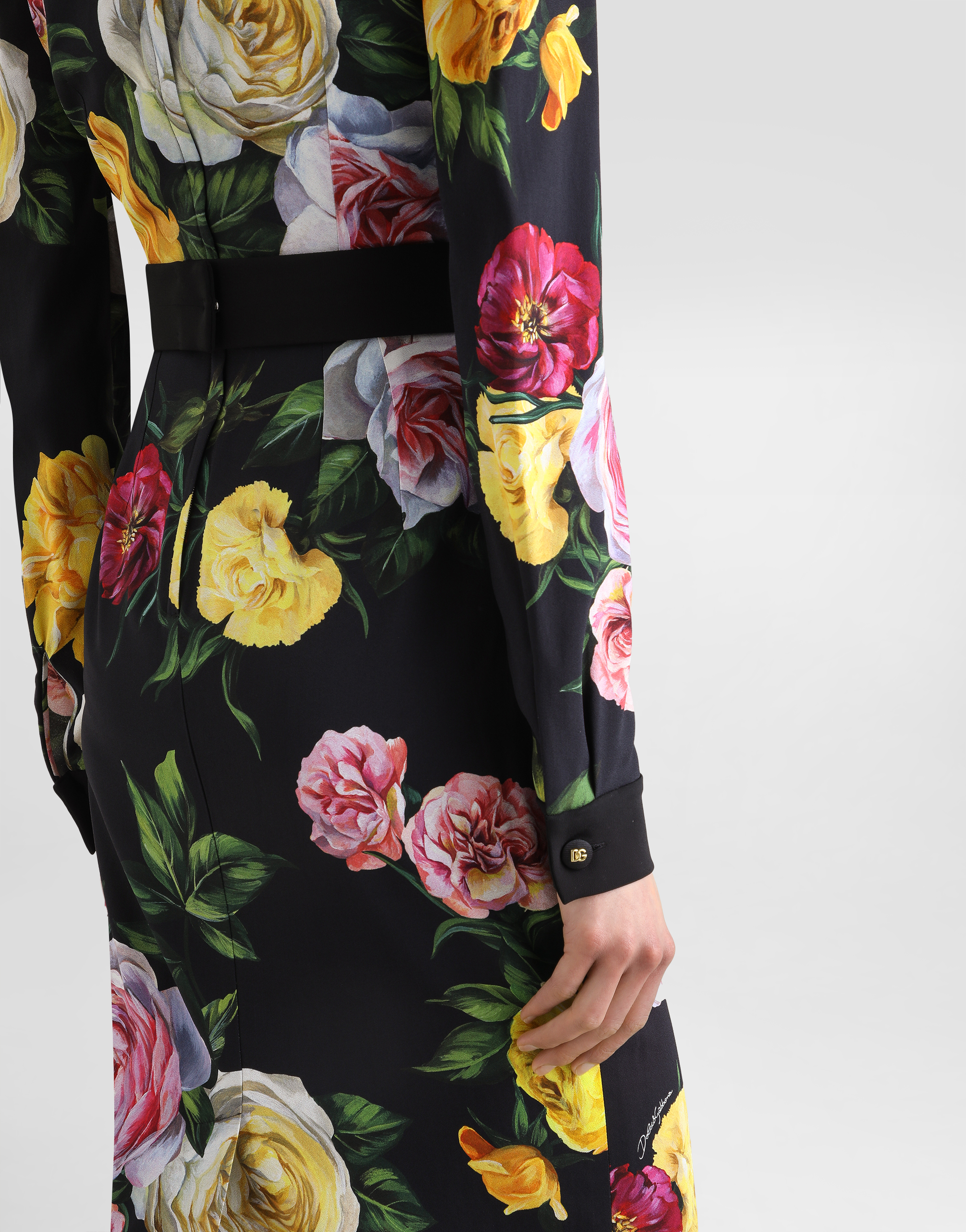 Dolce & Gabbana Calf-length Cady Shirt Dress With Peony And Rose Print In Print