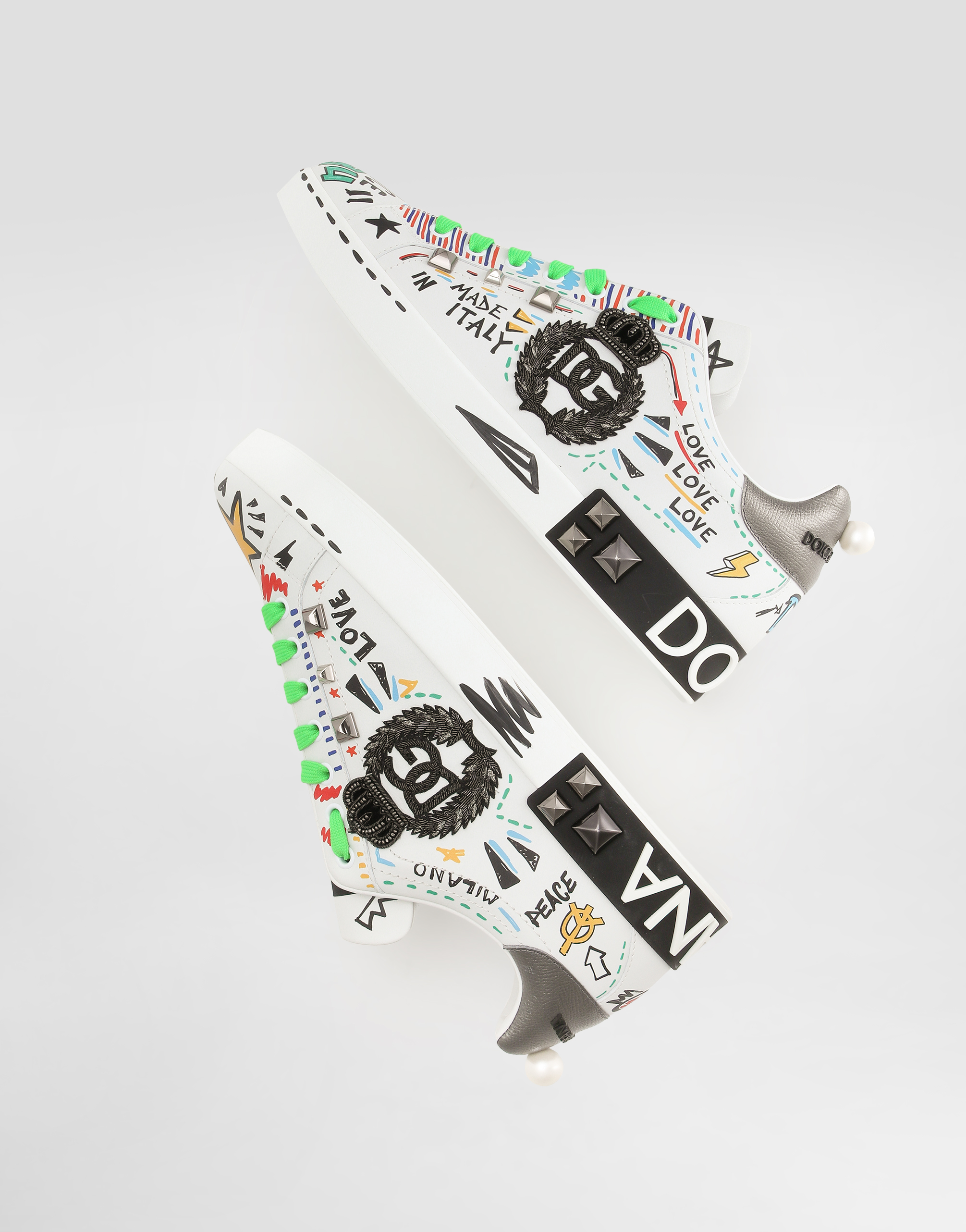 Calfskin Portofino sneakers with embroidery and studs