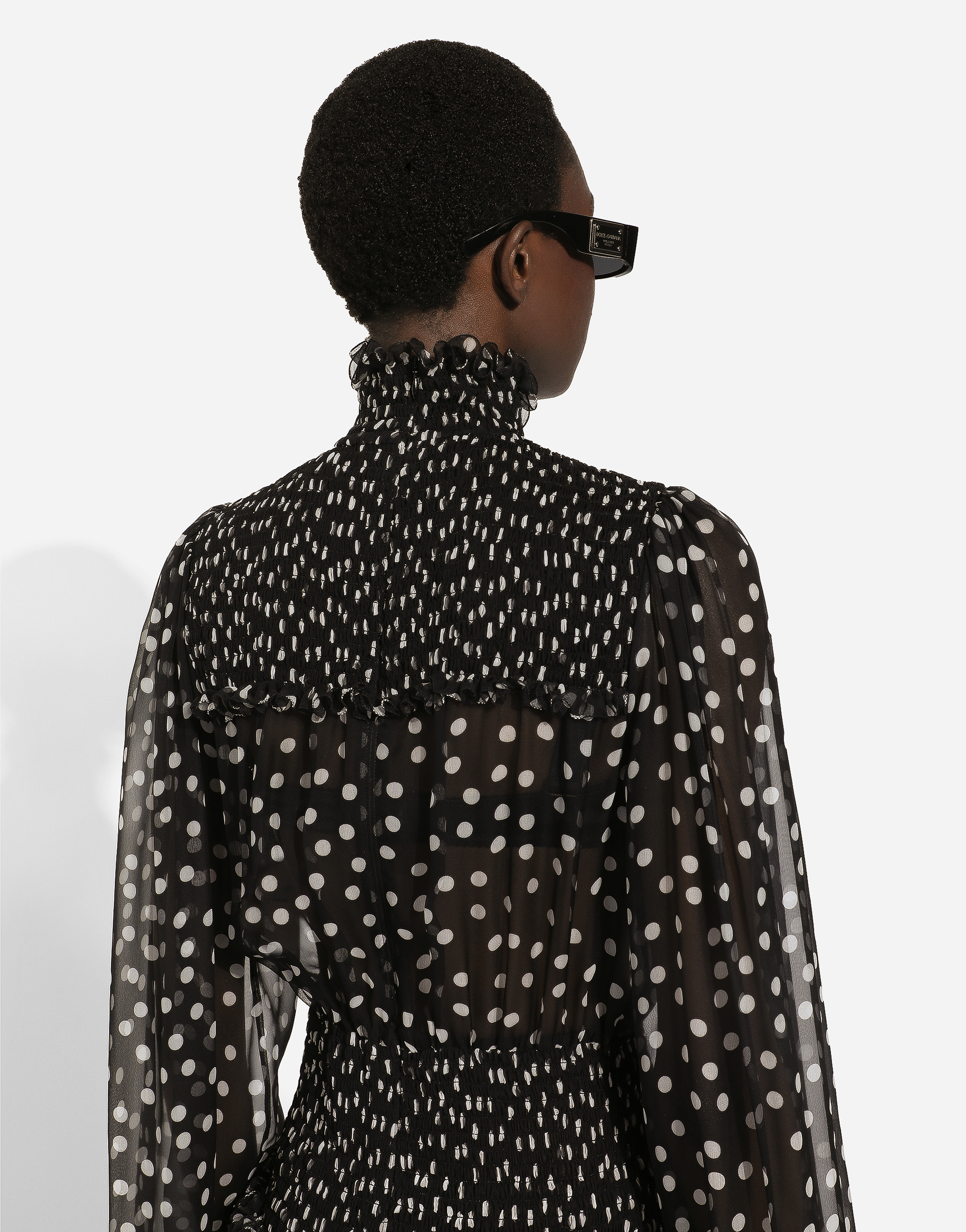 Shop Dolce & Gabbana Chiffon Midi Dress With Smock Stitching And Micro-polka Dot Print