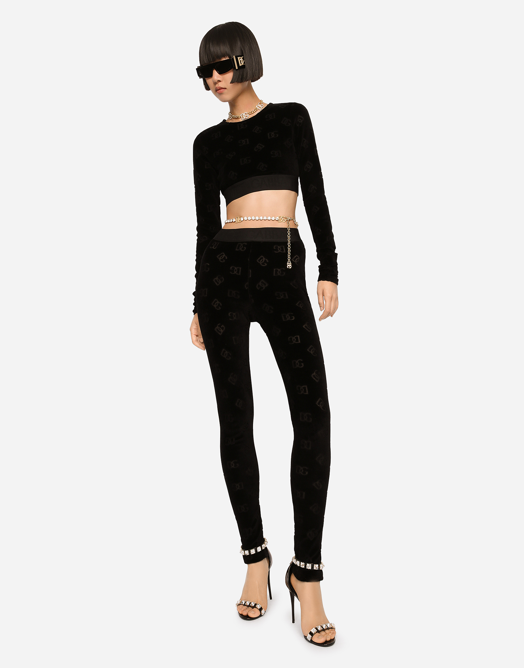 DOLCE & GABBANA FLOCKED JERSEY LEGGINGS WITH ALL-OVER DG LOGO