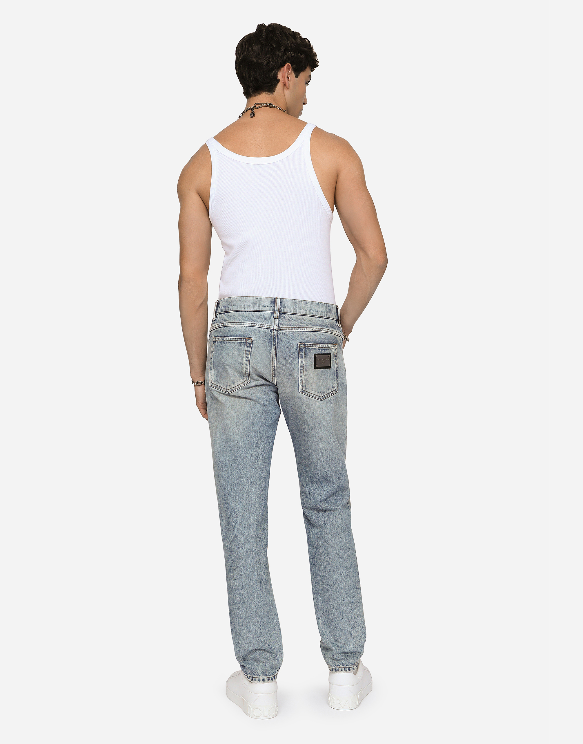 DOLCE & GABBANA LIGHT BLUE REGULAR-FIT STRETCH JEANS WITH RIPS