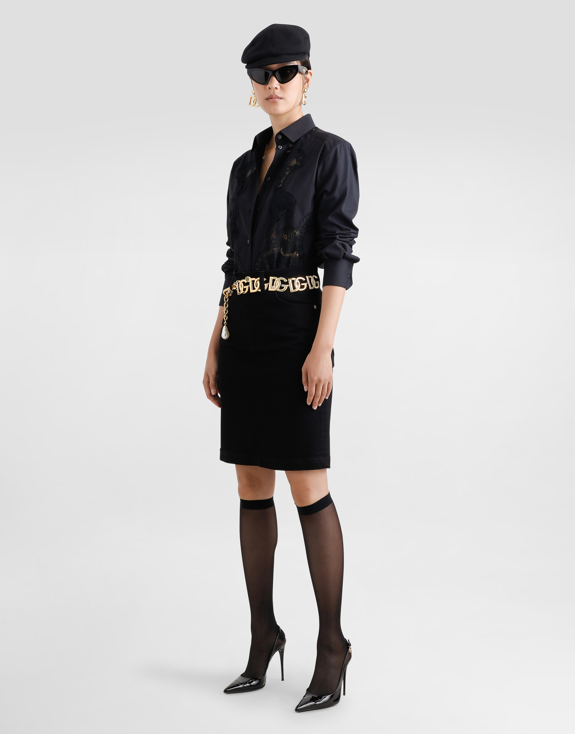 Dolce & Gabbana Cotton Poplin Shirt With Lace Inlay In Black