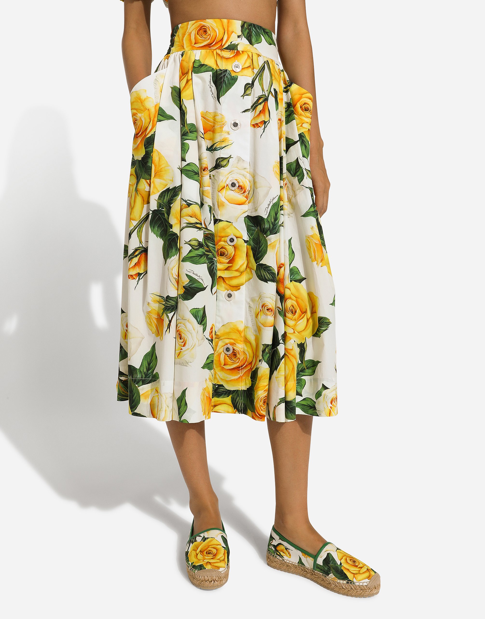Shop Dolce & Gabbana Circle Skirt In Yellow Rose-print Cotton