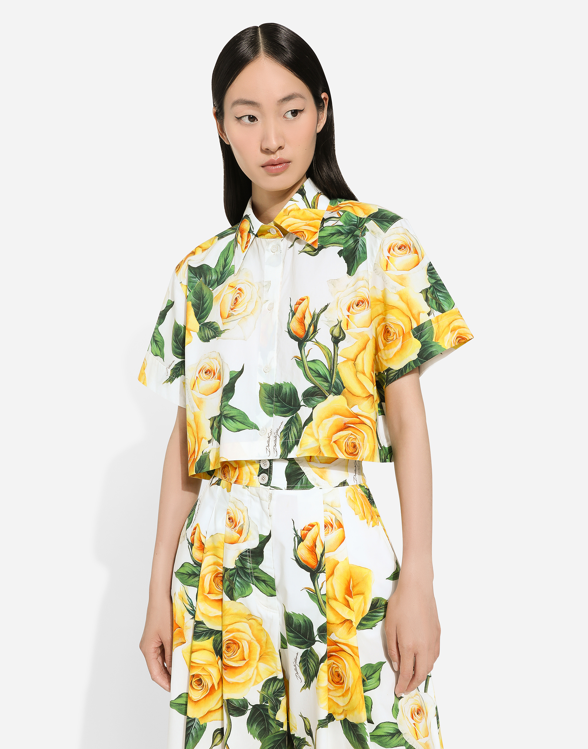 Shop Dolce & Gabbana Short Cotton Shirt With Yellow Rose Print