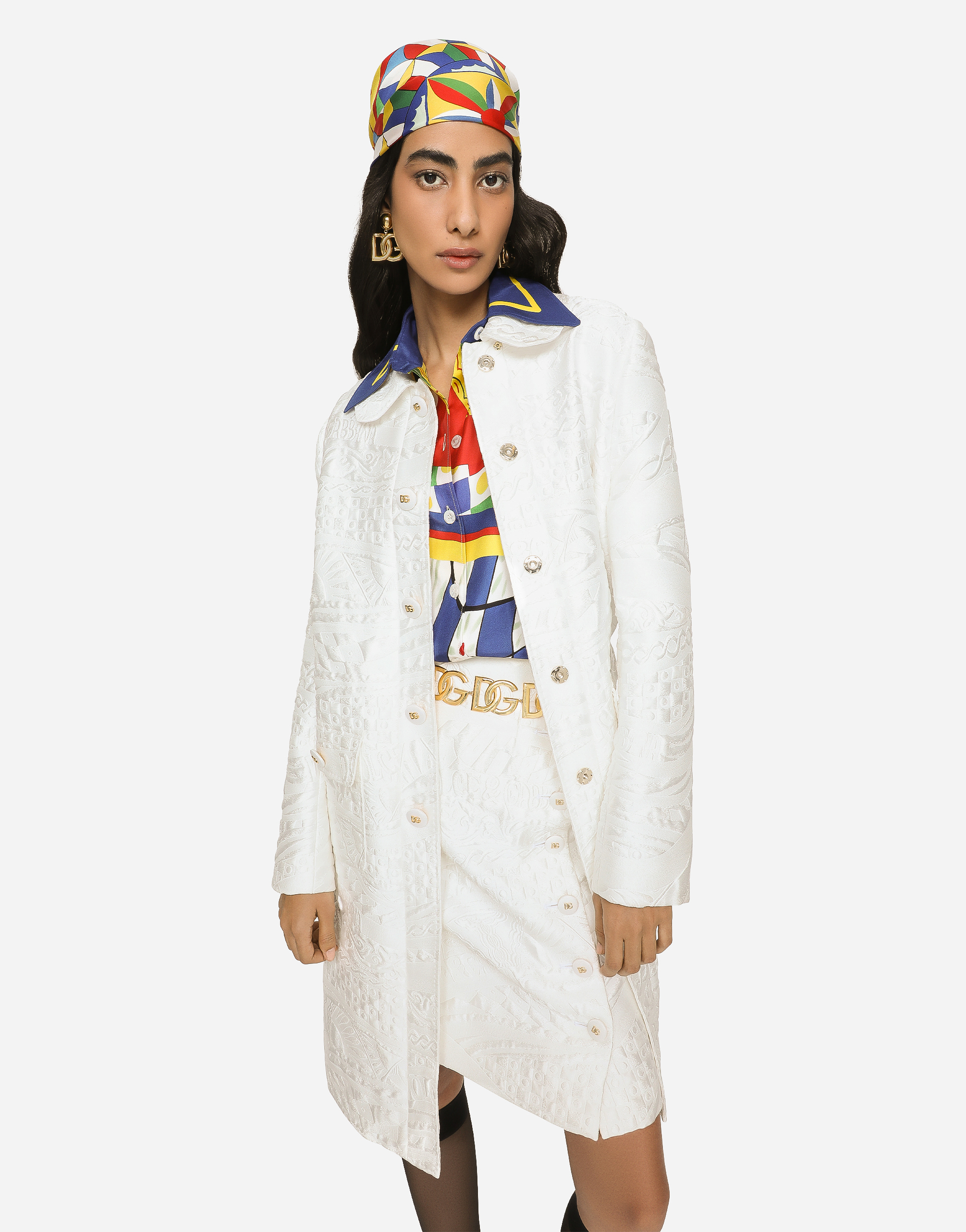 Shop Dolce & Gabbana Brocade Coat With Dg Buttons In White