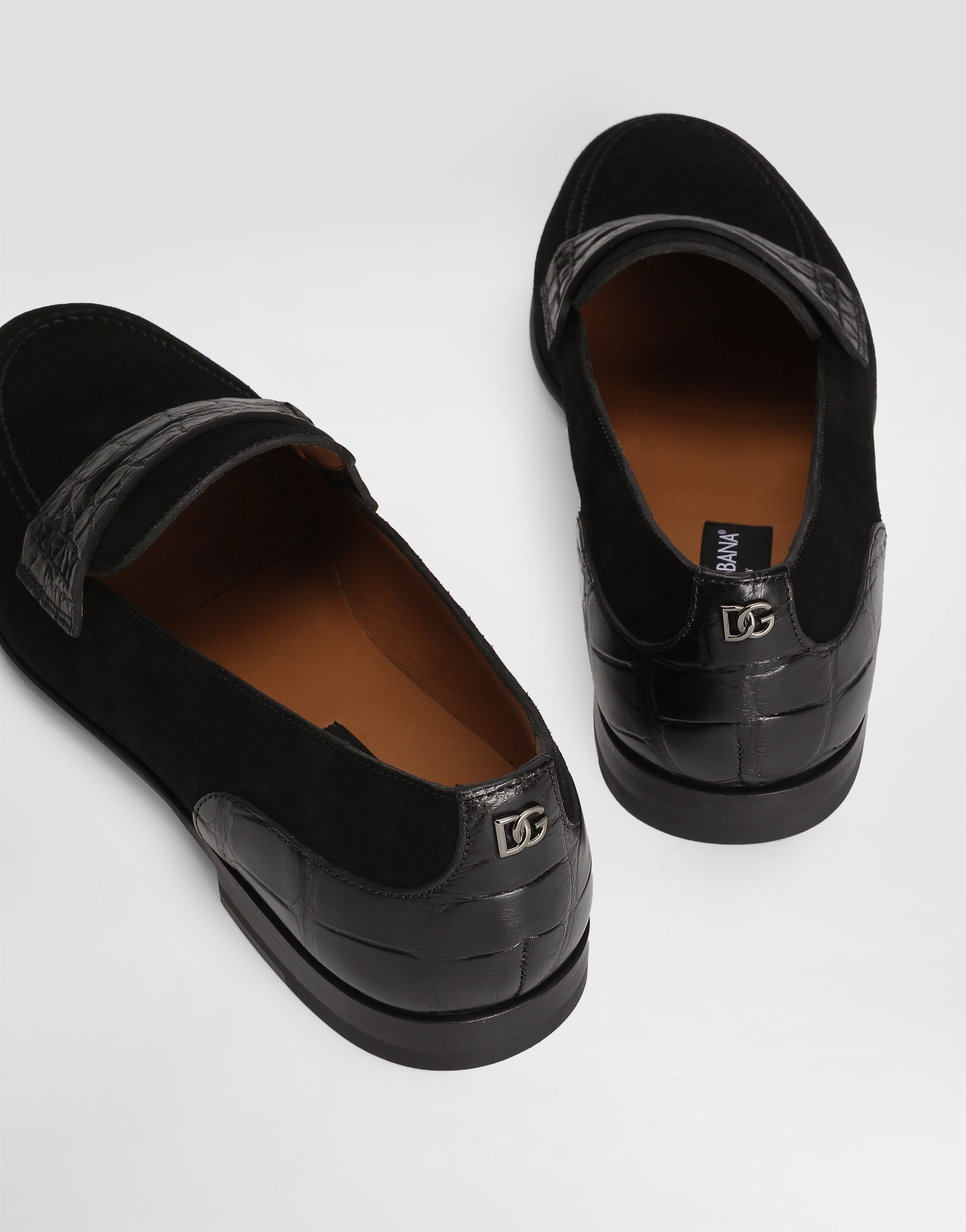 Split calfskin and alligator slippers