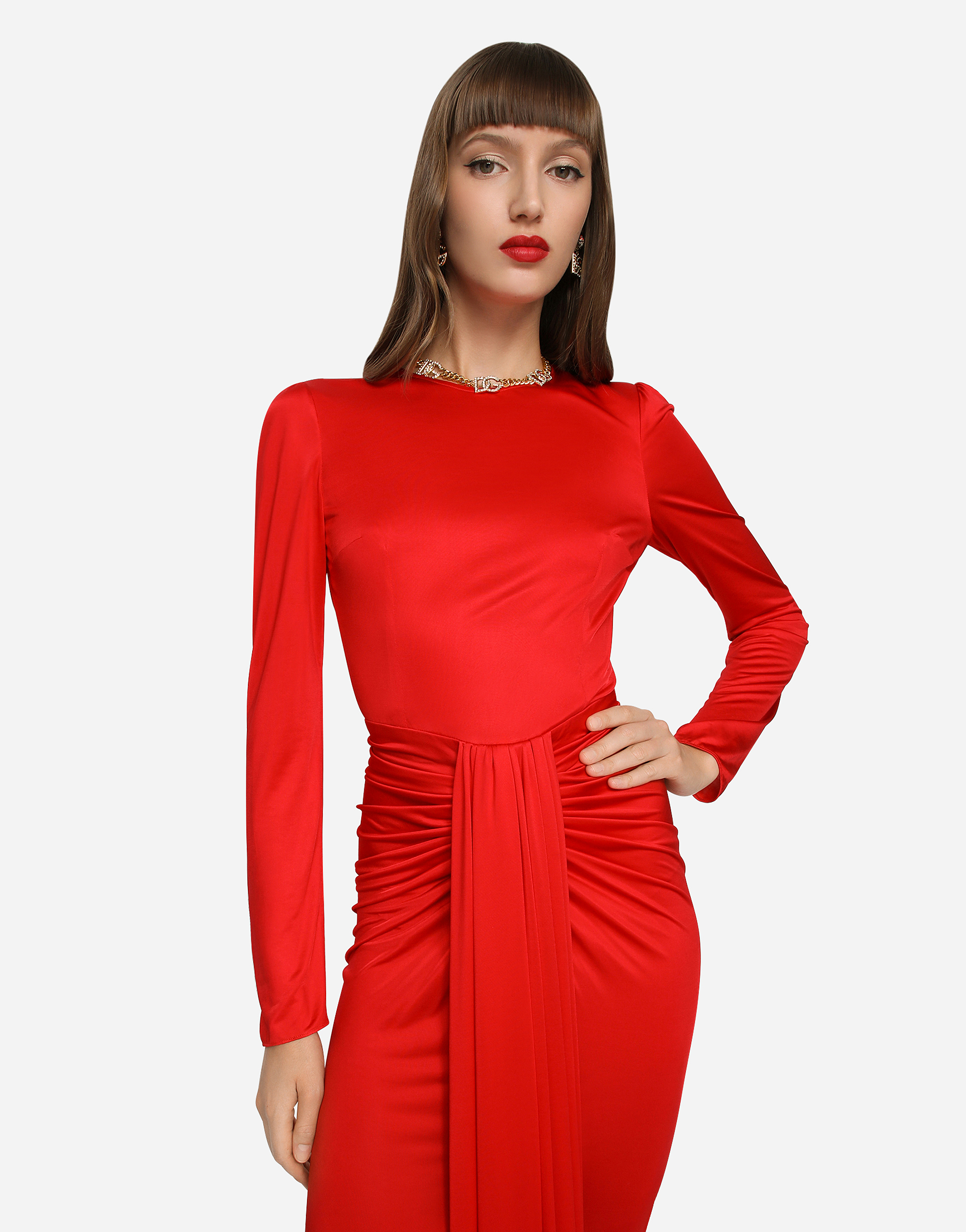 Shop Dolce & Gabbana Long Organzine Dress With Draping In Red