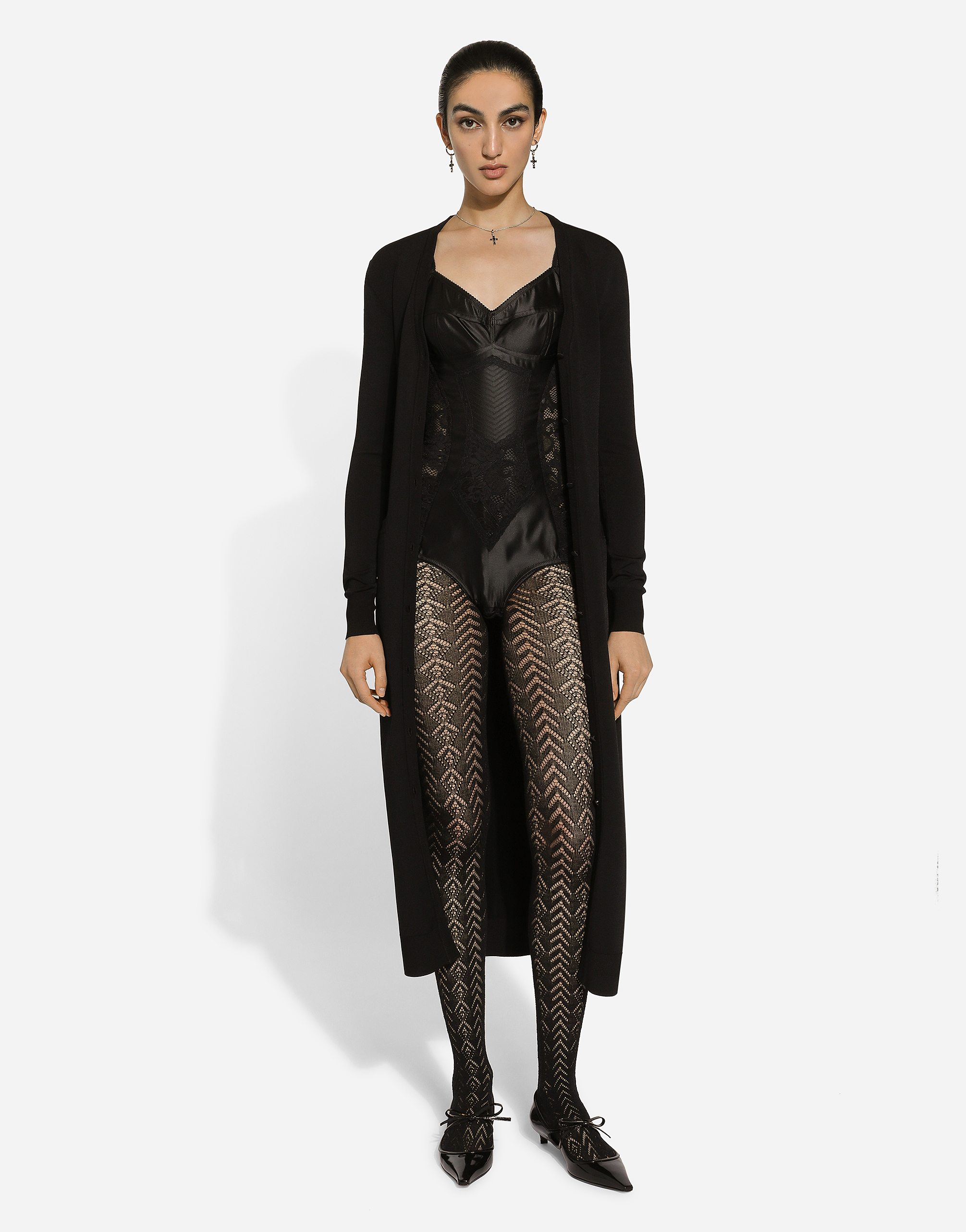 Dolce & Gabbana Long Stretch Viscose Knit Cardigan With Dg Logo In ブラック