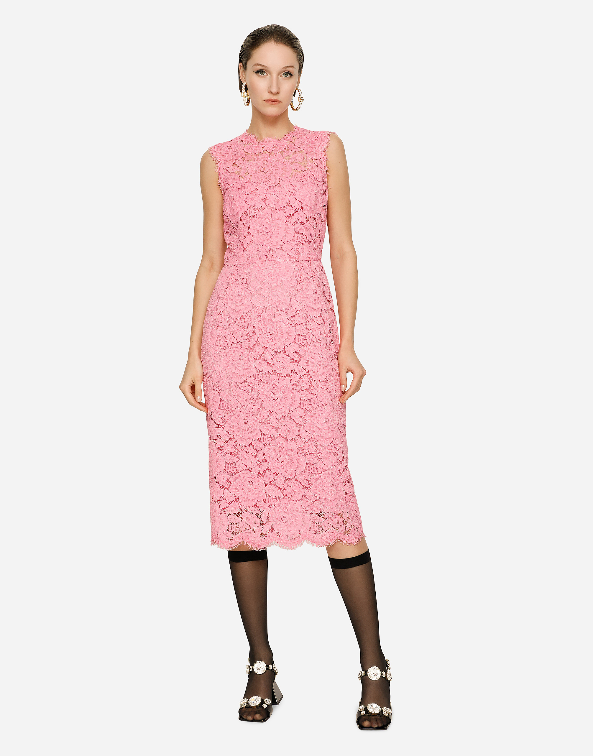 Shop Dolce & Gabbana Branded Stretch Lace Calf-length Dress In Pink