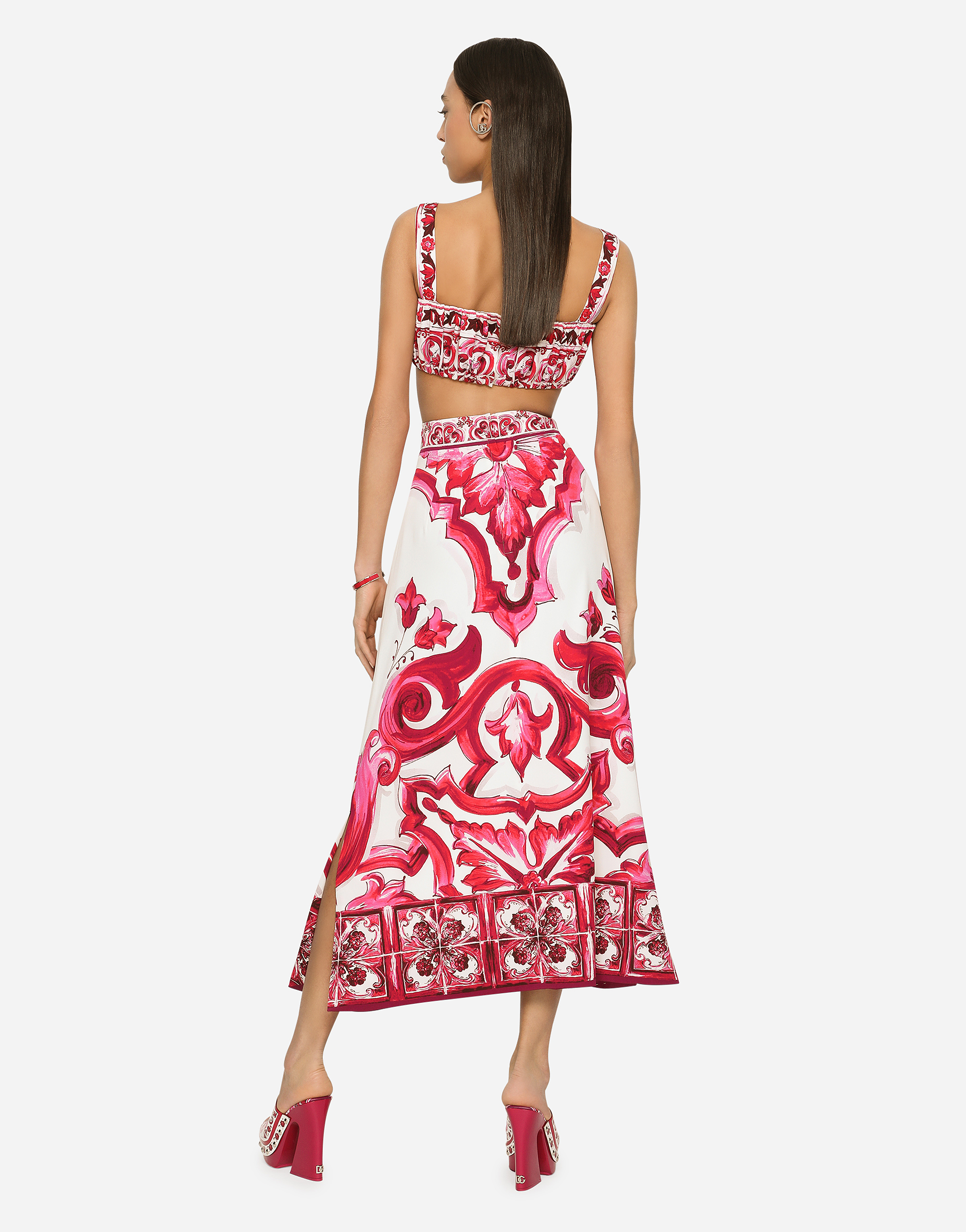 Shop Dolce & Gabbana Majolica-print Charmeuse Calf-length Skirt With Slit In Multicolor