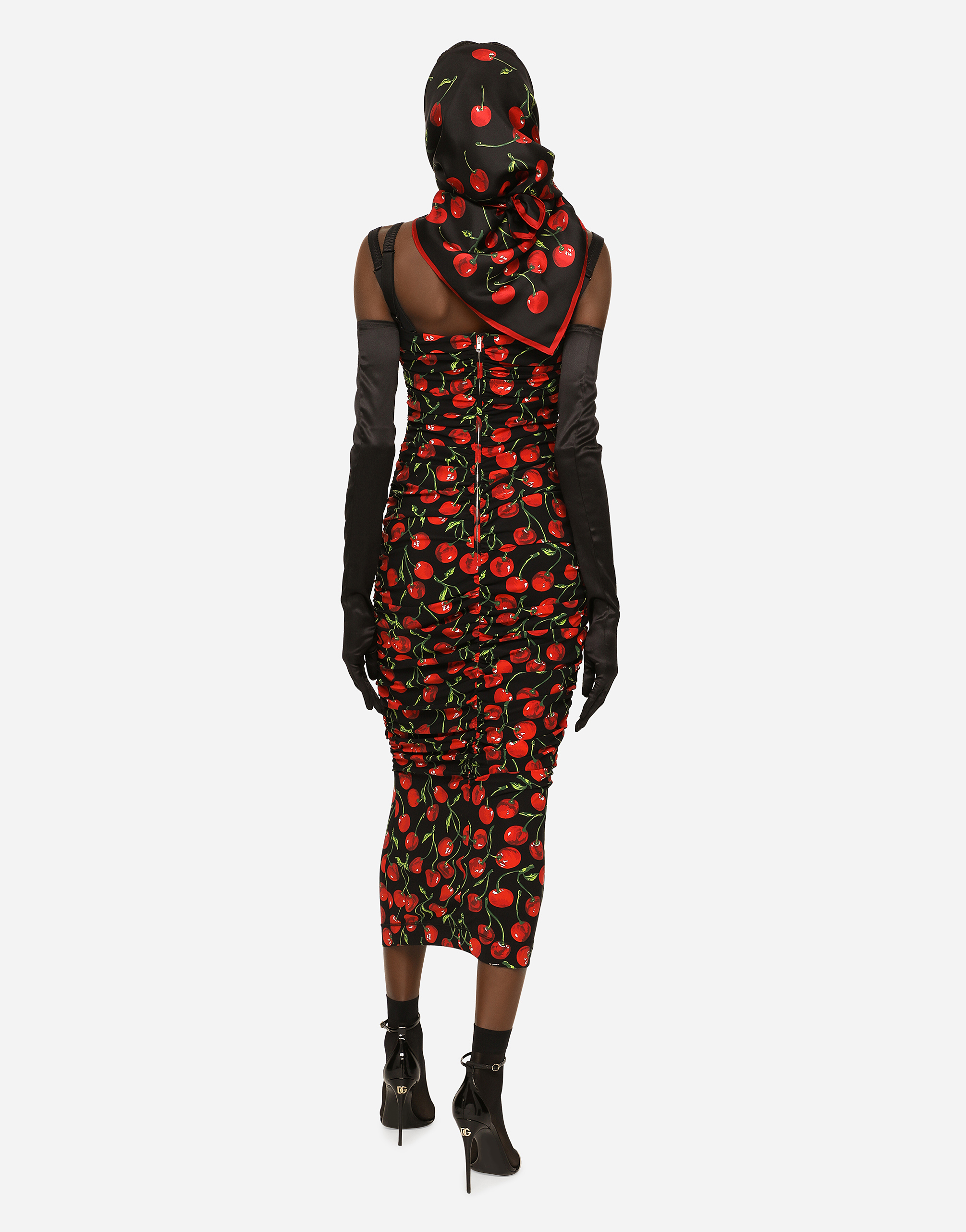 DOLCE & GABBANA CHERRY-PRINT JERSEY CALF-LENGTH DRESS WITH DRAPING
