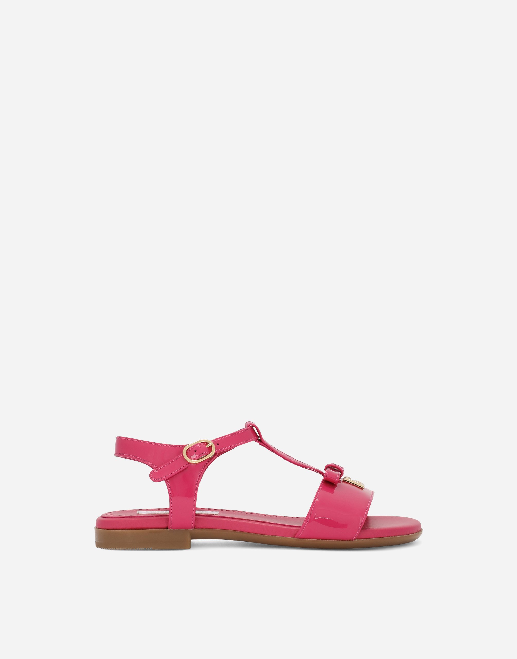 Dolce & Gabbana Kids' Patent Leather Sandals With Metal Dg Logo In Pink