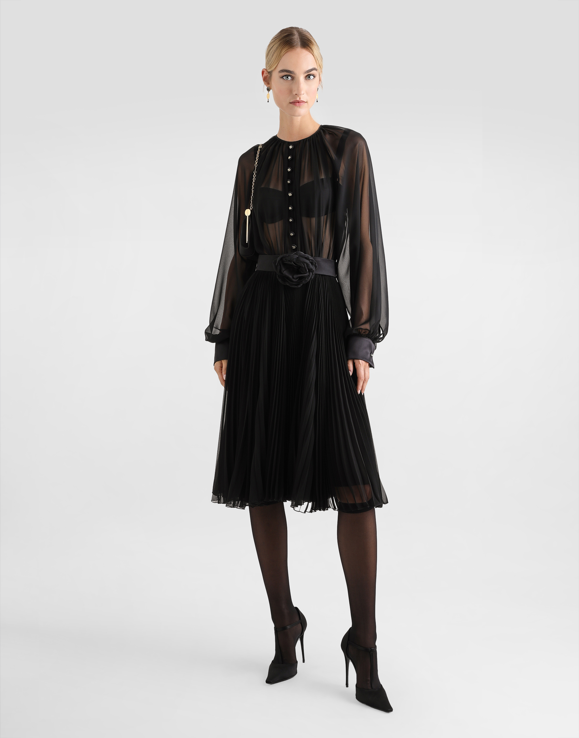 Dolce & Gabbana Calf-length Babydoll Dress With Pleated Skirt In Black