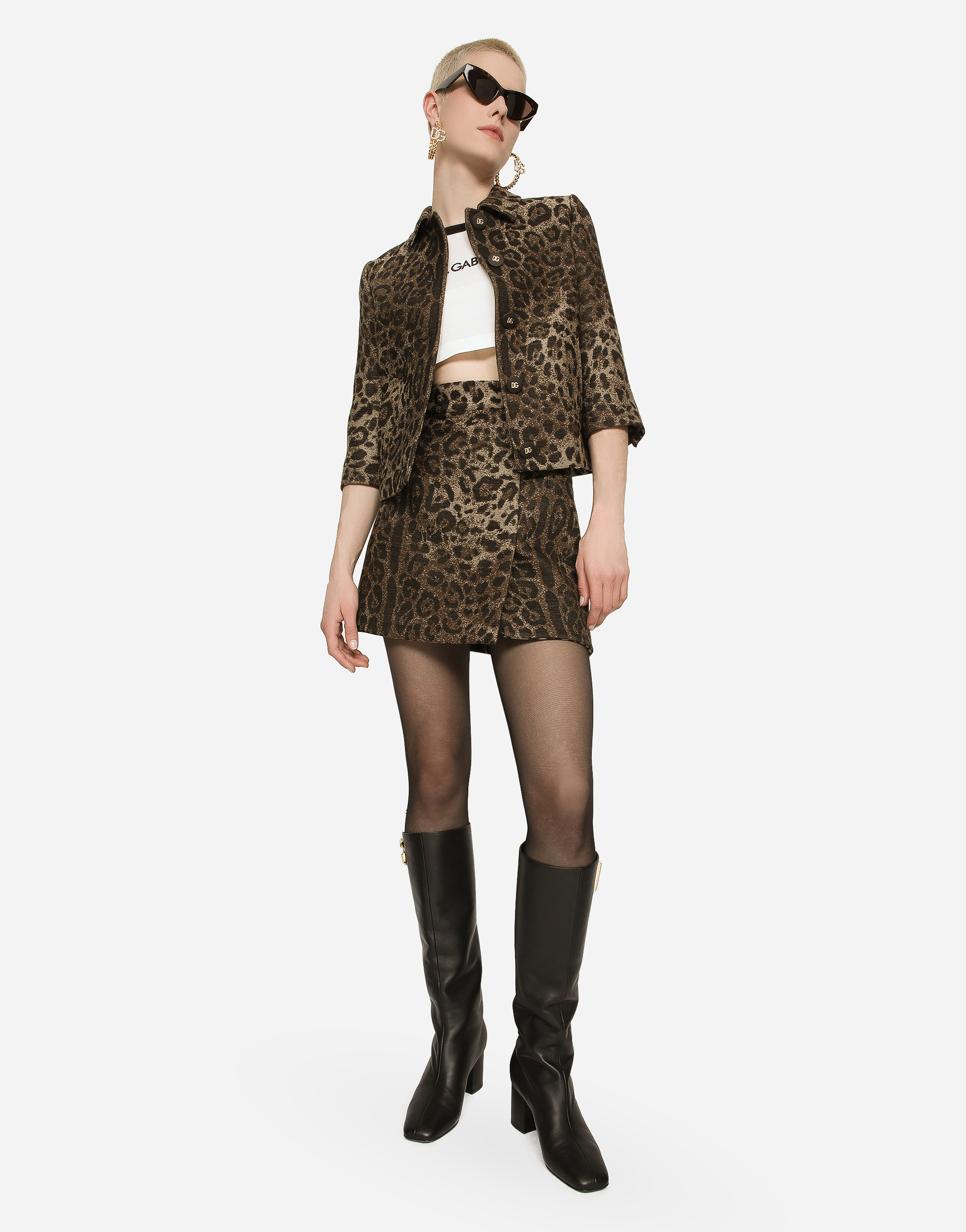 DOLCE & GABBANA SHORT WOOL SKIRT WITH JACQUARD LEOPARD DESIGN