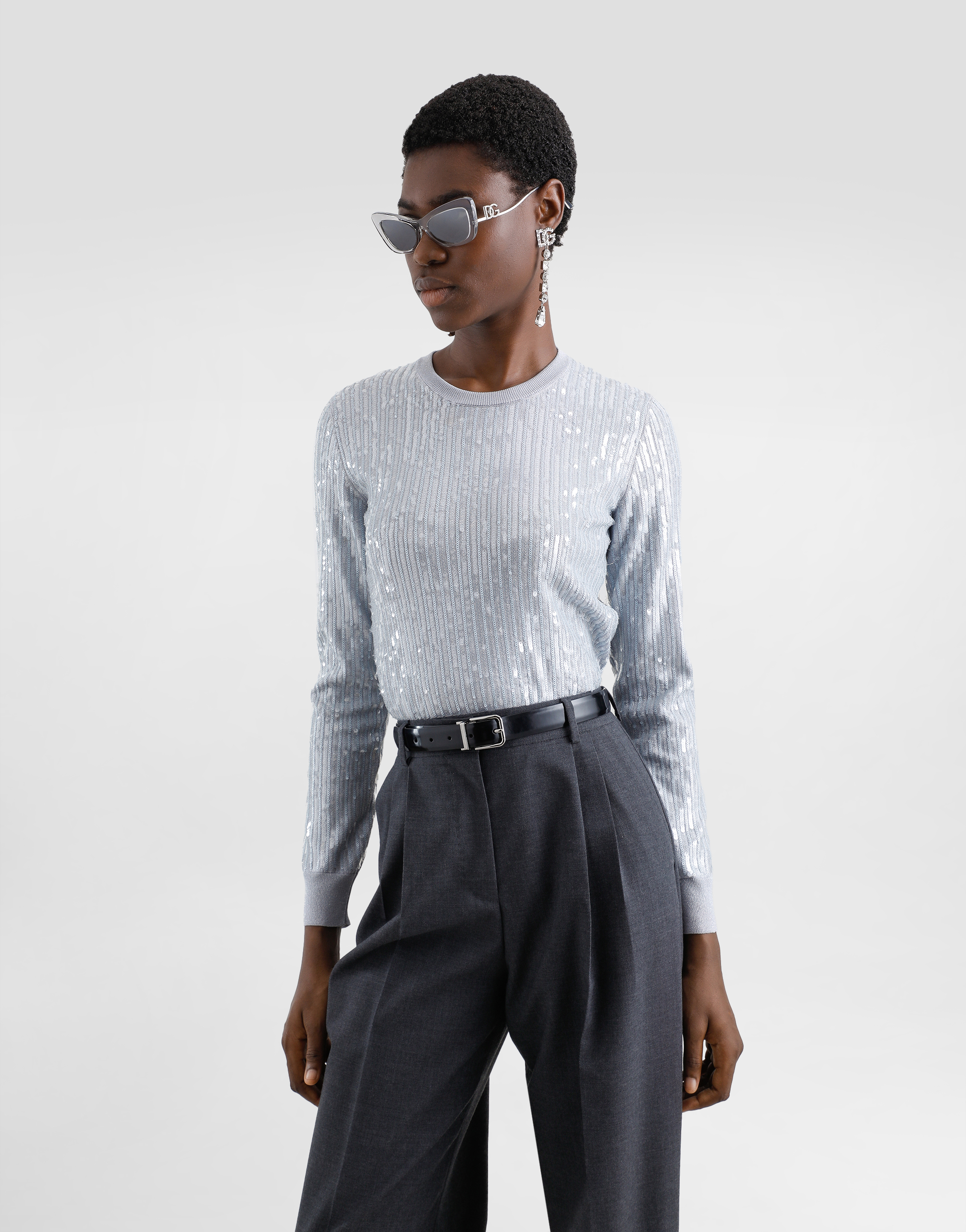 Dolce & Gabbana Crew-neck Sweater With Sequin Embellishment In Grey