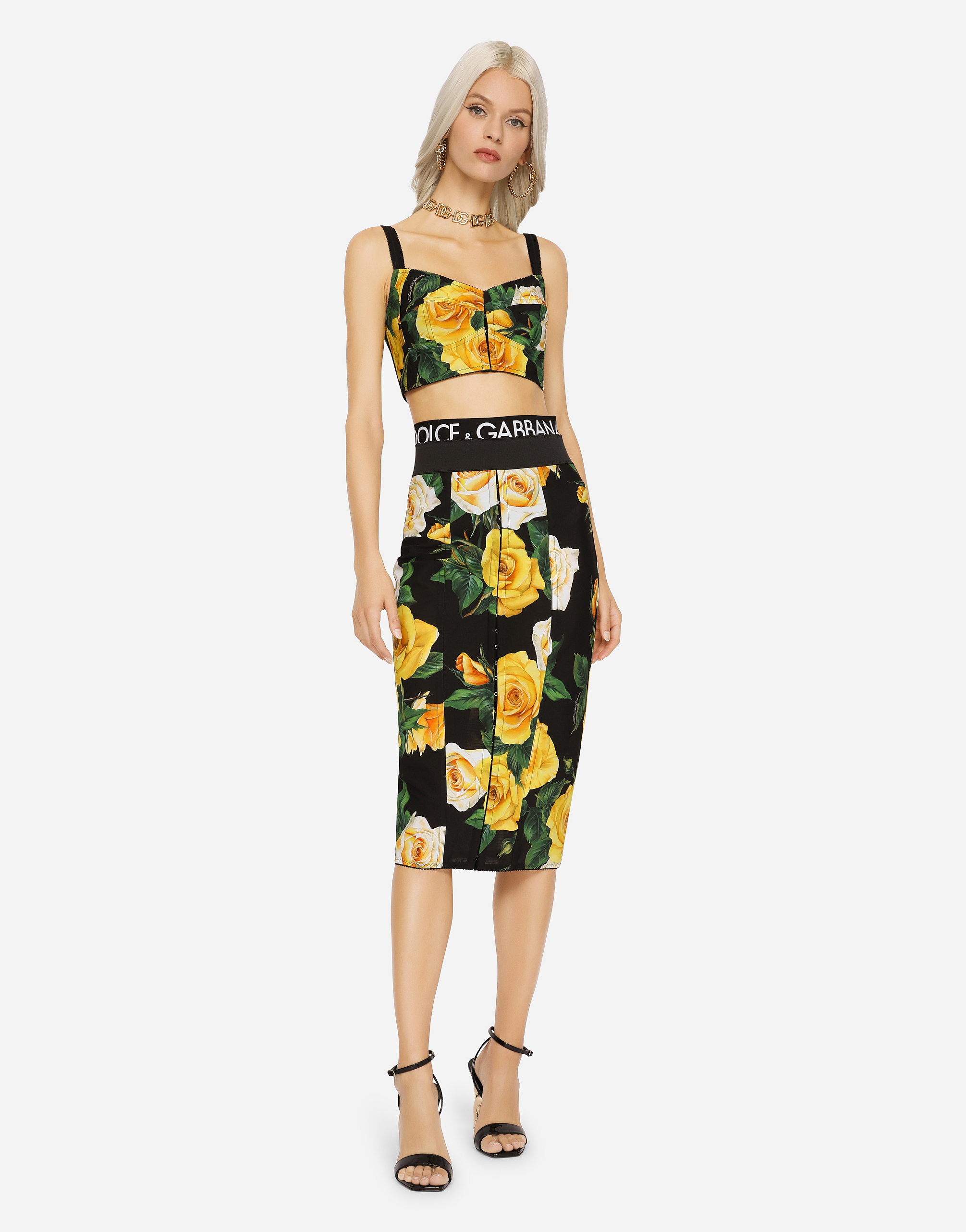 DOLCE & GABBANA MARQUISETTE TOP WITH YELLOW ROSE PRINT