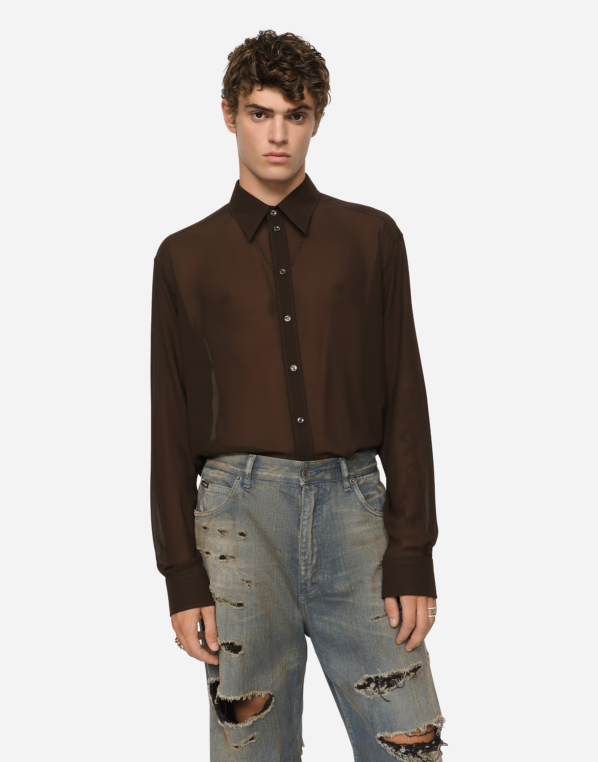Shop Dolce & Gabbana Oversize Silk Georgette Shirt In Brown