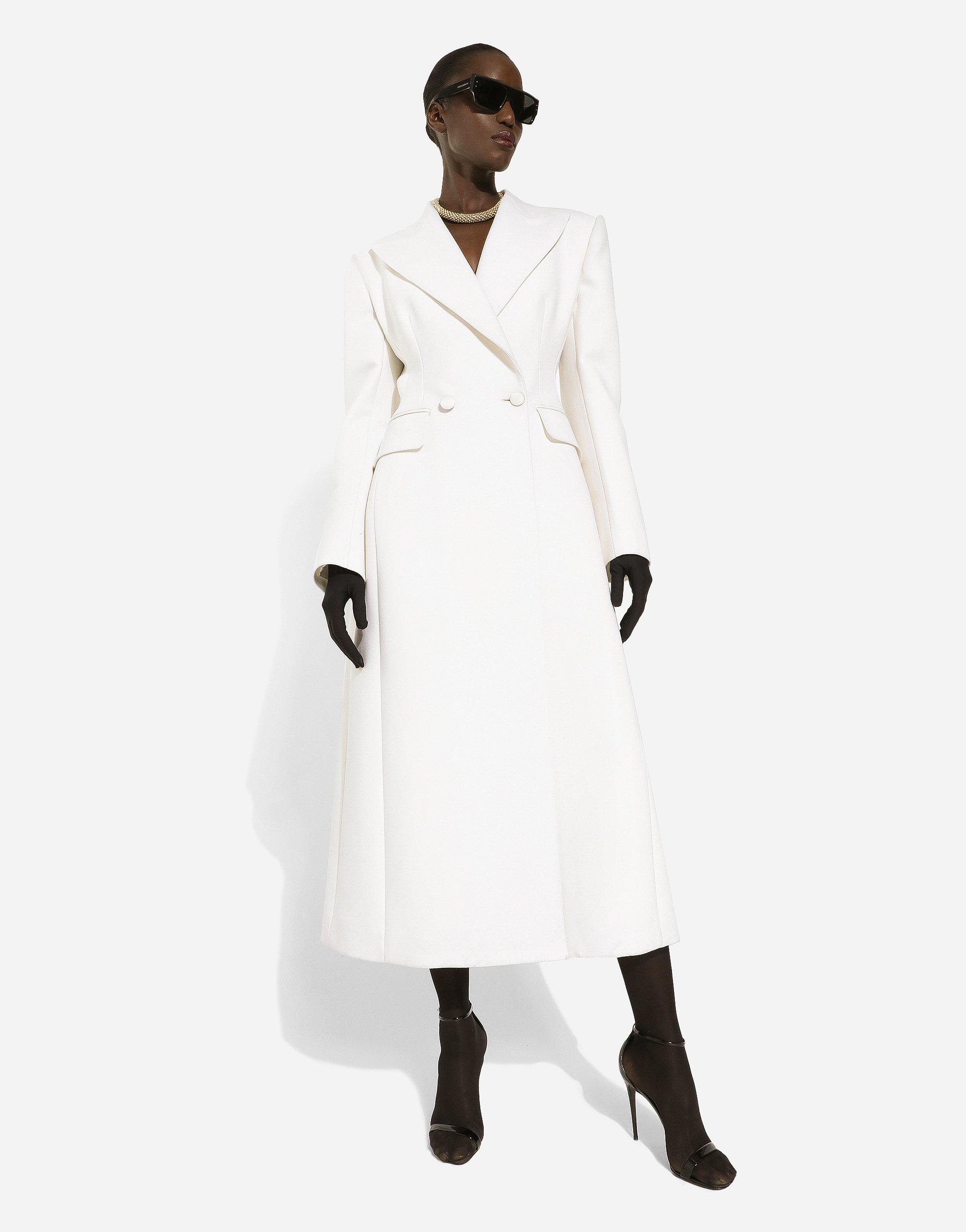 Long double-breasted wool cady coat