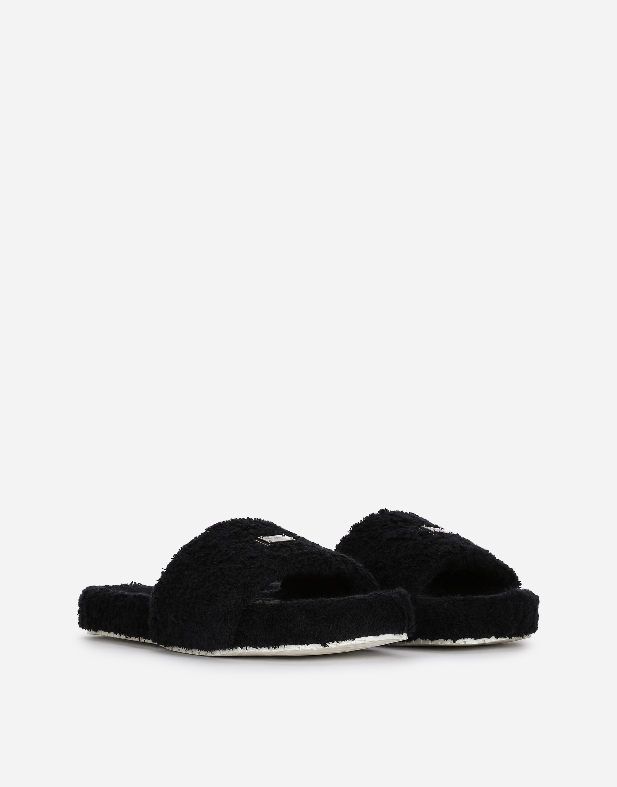 Shop Dolce & Gabbana Terrycloth Sliders With Logo Tag In Black