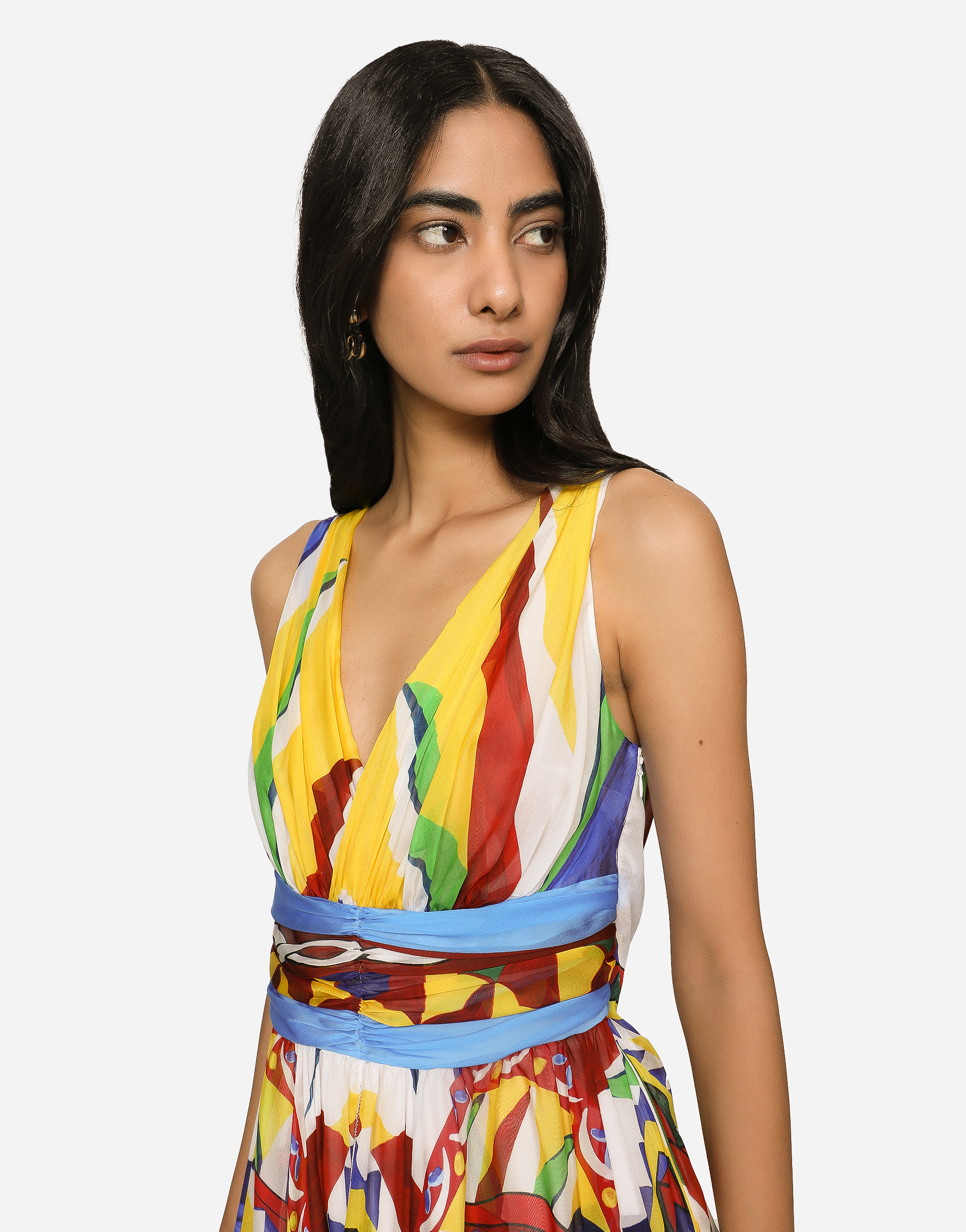 DOLCE & GABBANA LONG CARRETTO-PRINT CHIFFON DRESS