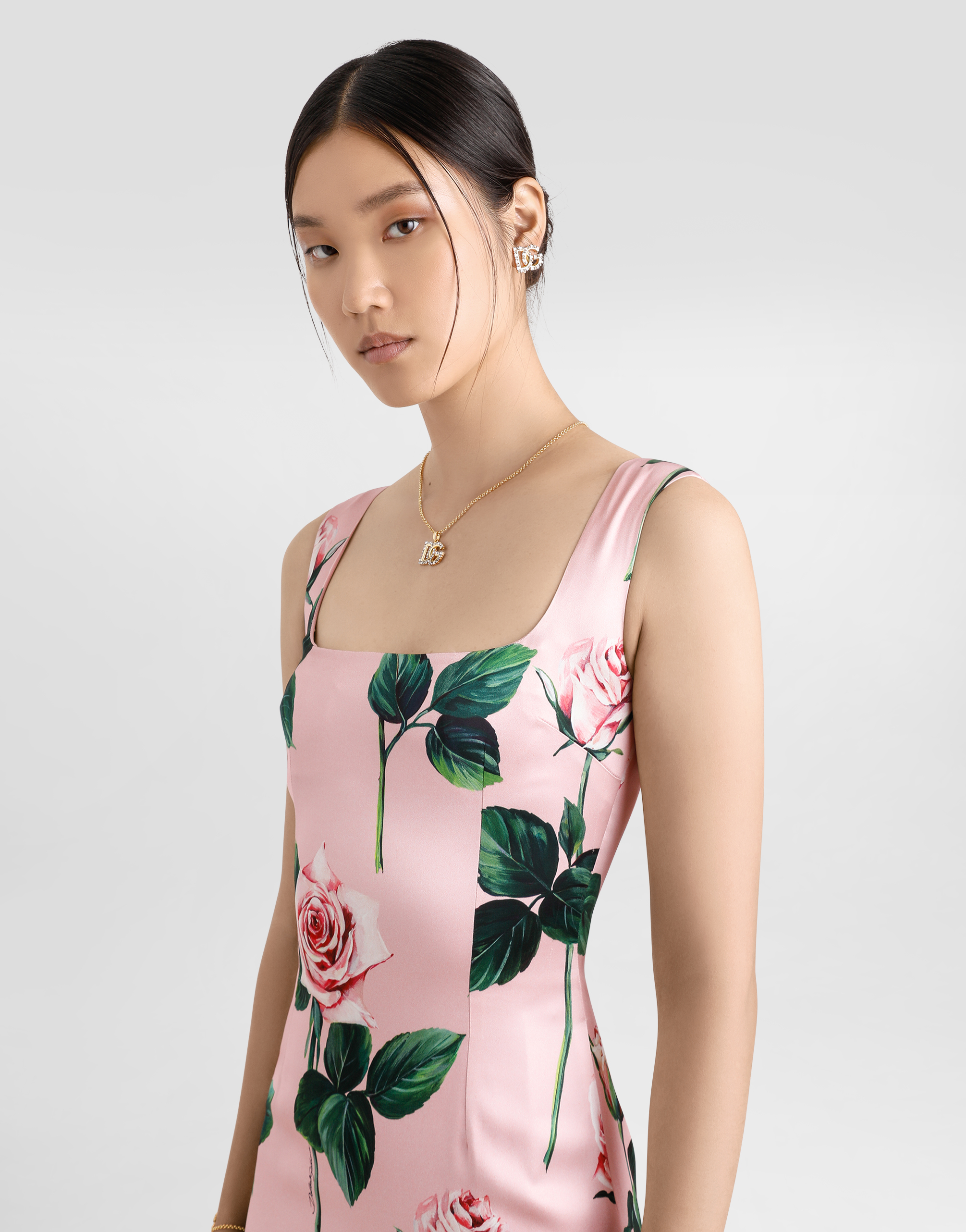 Shop Dolce & Gabbana Satin Calf-length Sheath Dress With Rose Print