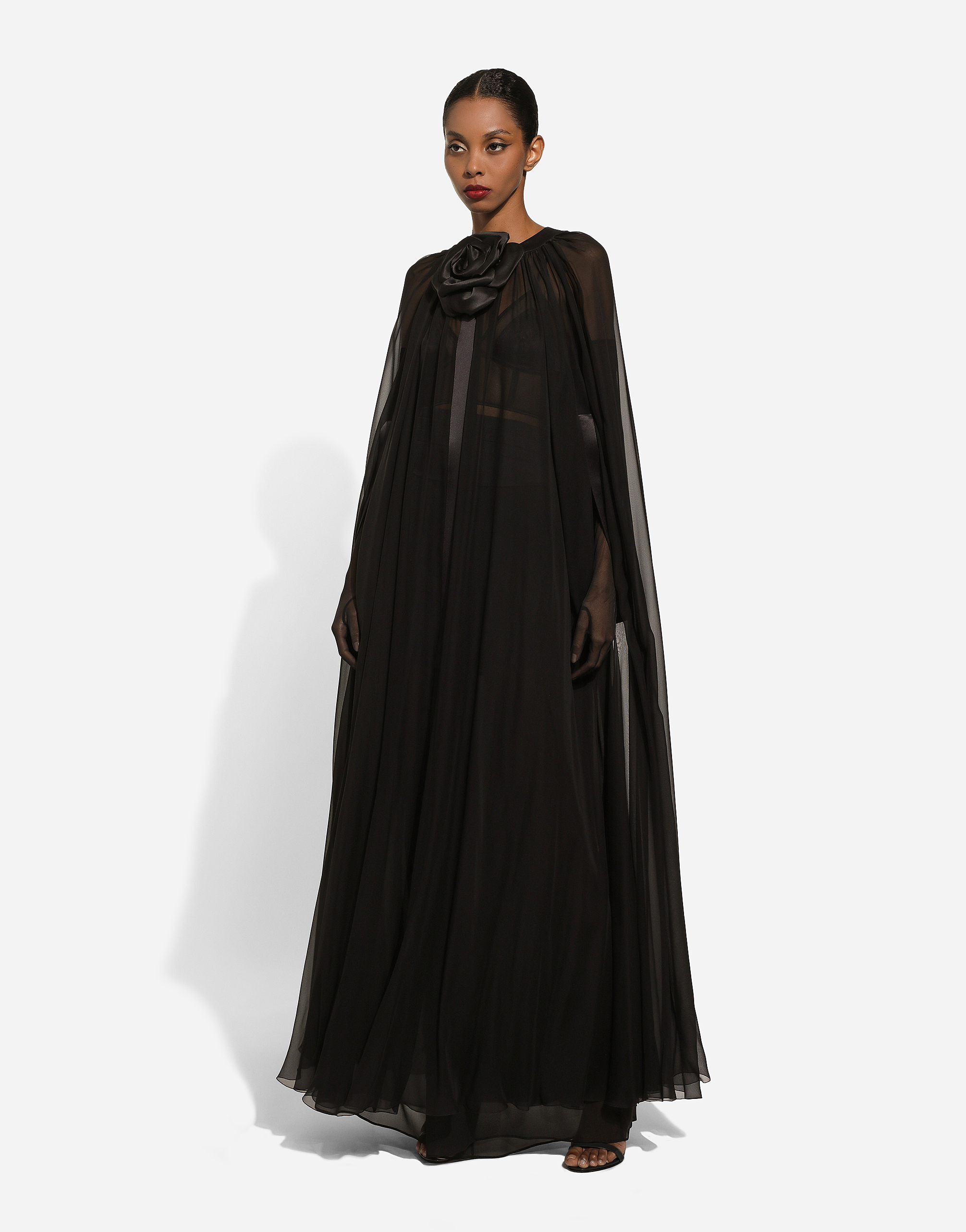 Dolce & Gabbana Silk Chiffon Cape With Flower Appliqué In Black