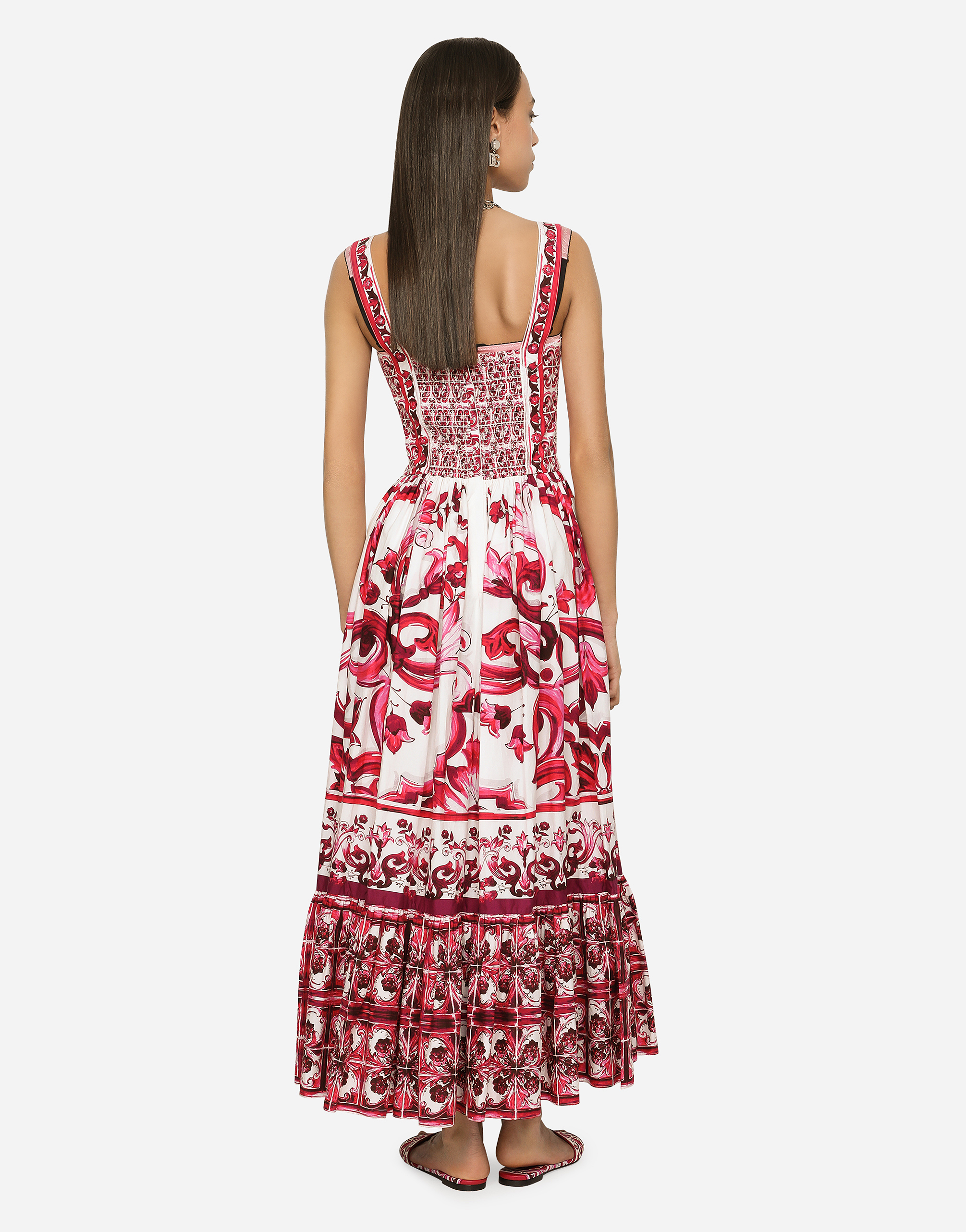 Shop Dolce & Gabbana Calf-length Corset Dress In Majolica-print Cotton Poplin In Multicolor