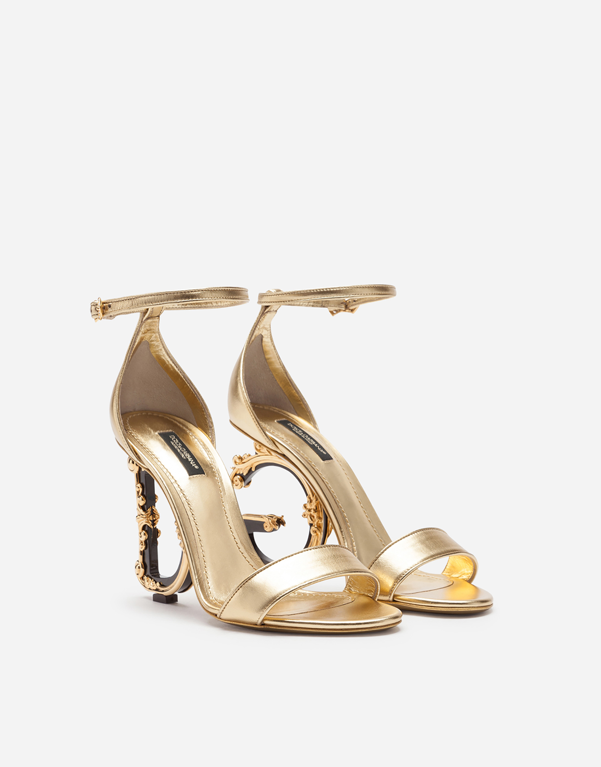 Shop Dolce & Gabbana Nappa Mordore Sandals With Baroque Dg Heel In Gold