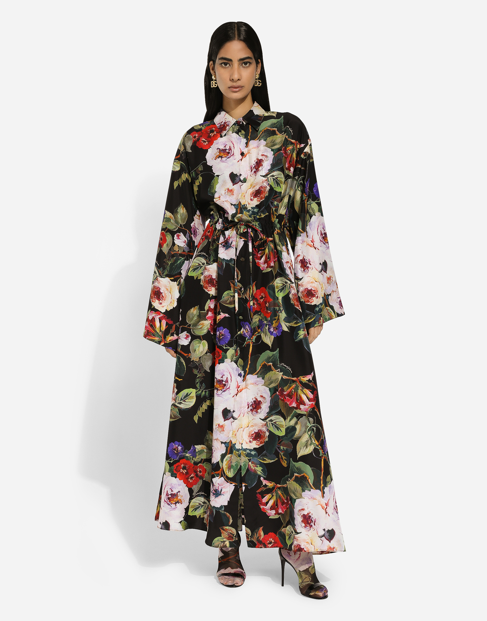 Shop Dolce & Gabbana Silk Caftan With Rose Garden Print And Drawstring