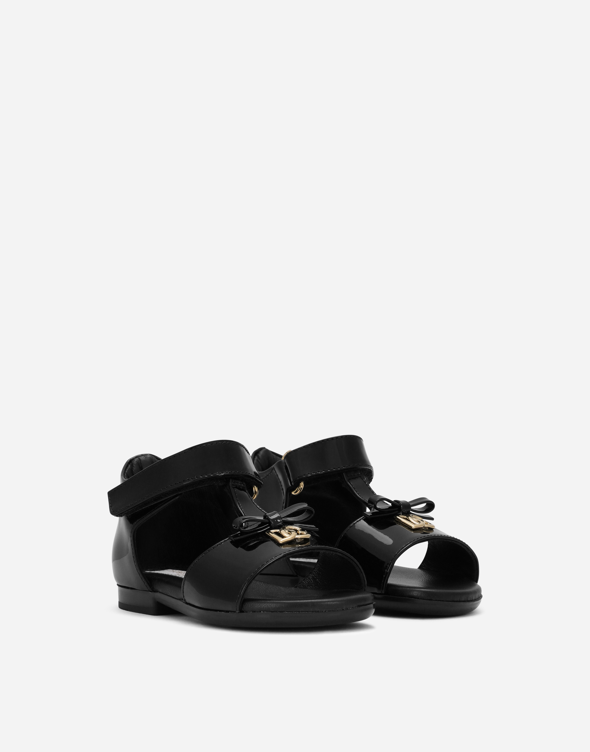 Shop Dolce & Gabbana Patent Leather First Steps Sandals With Metal Dg Logo In Black