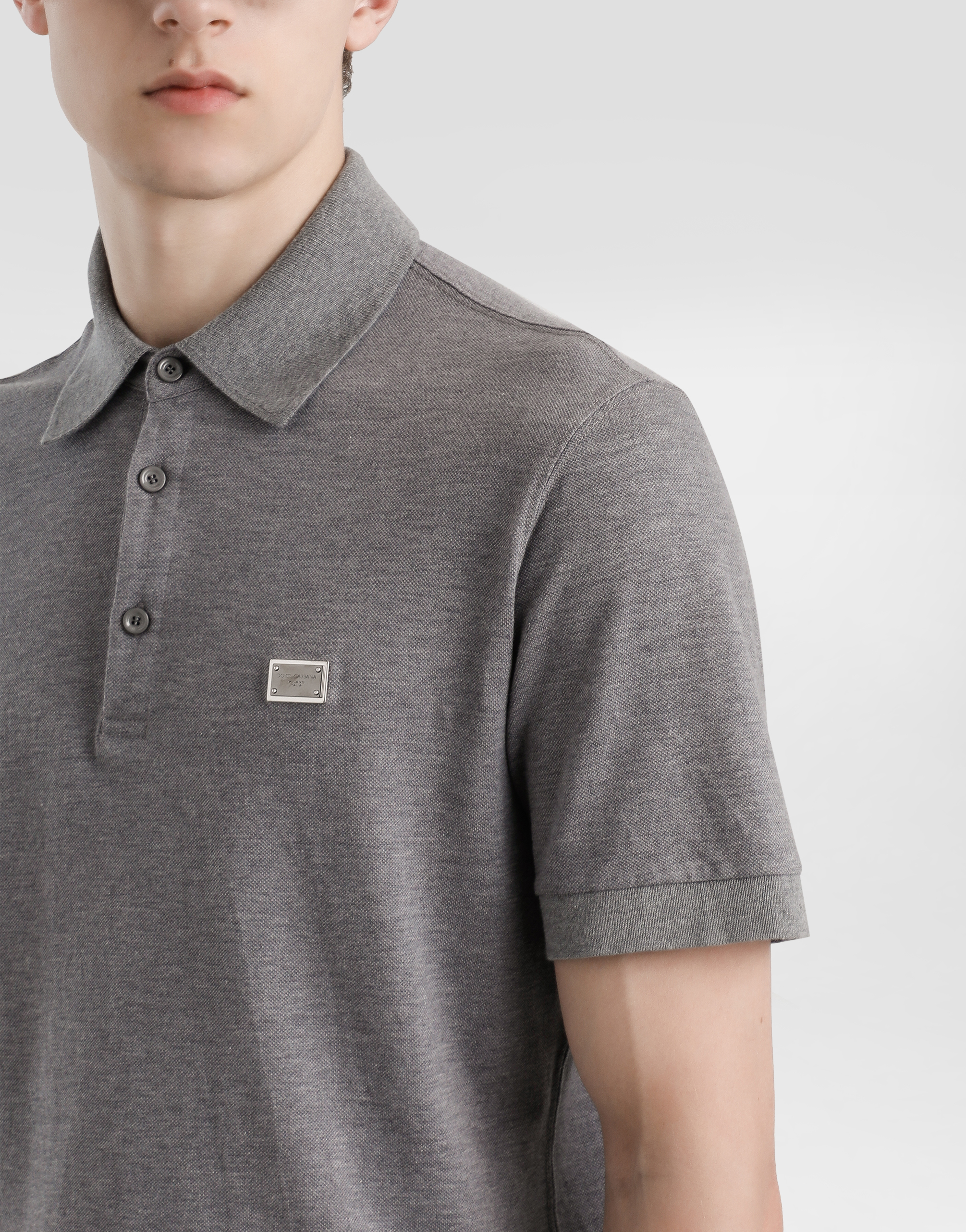Dolce & Gabbana Cotton Polo-shirt With Branded Tag In Grey