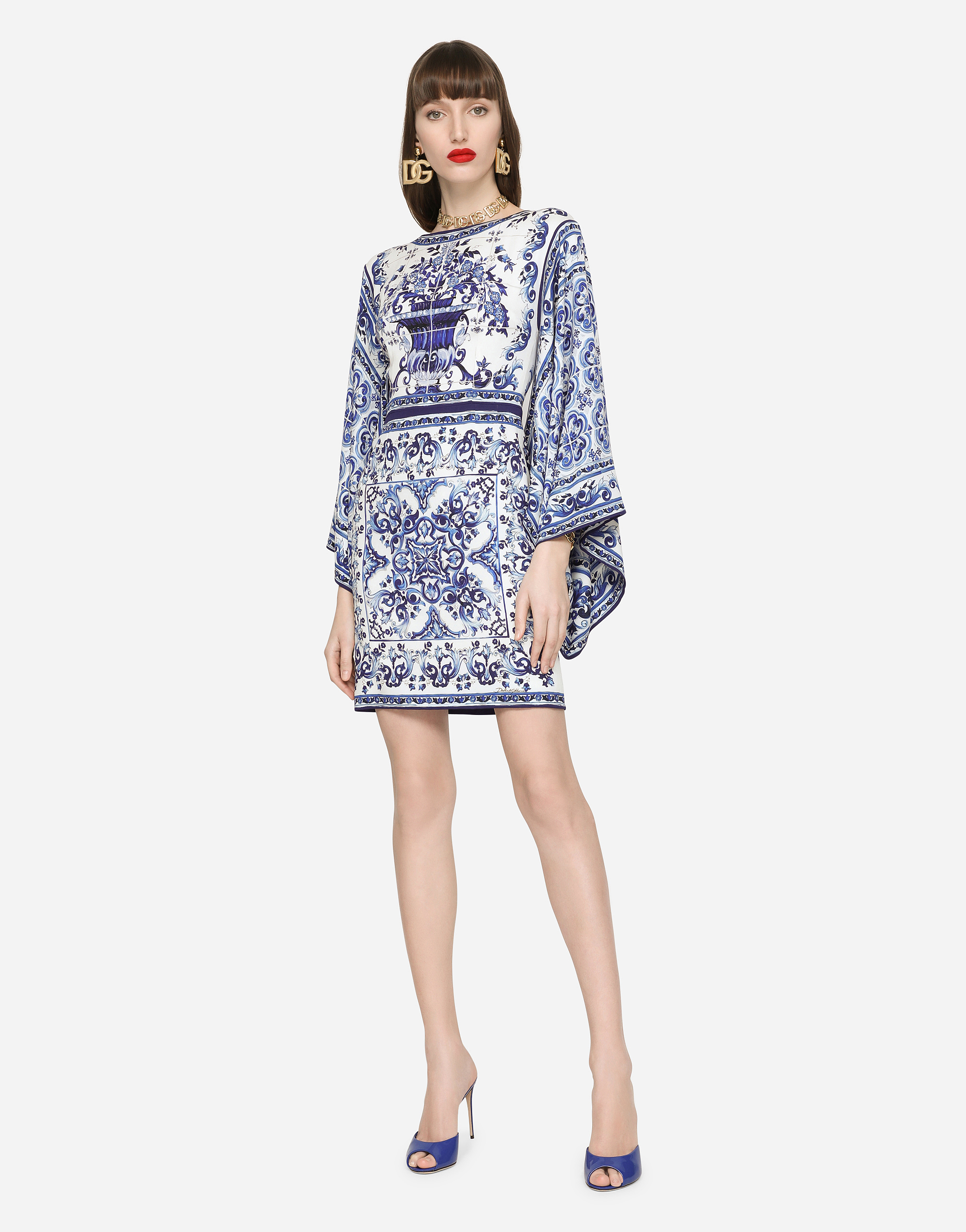 DOLCE & GABBANA SHORT MAJOLICA-PRINT CHARMEUSE DRESS