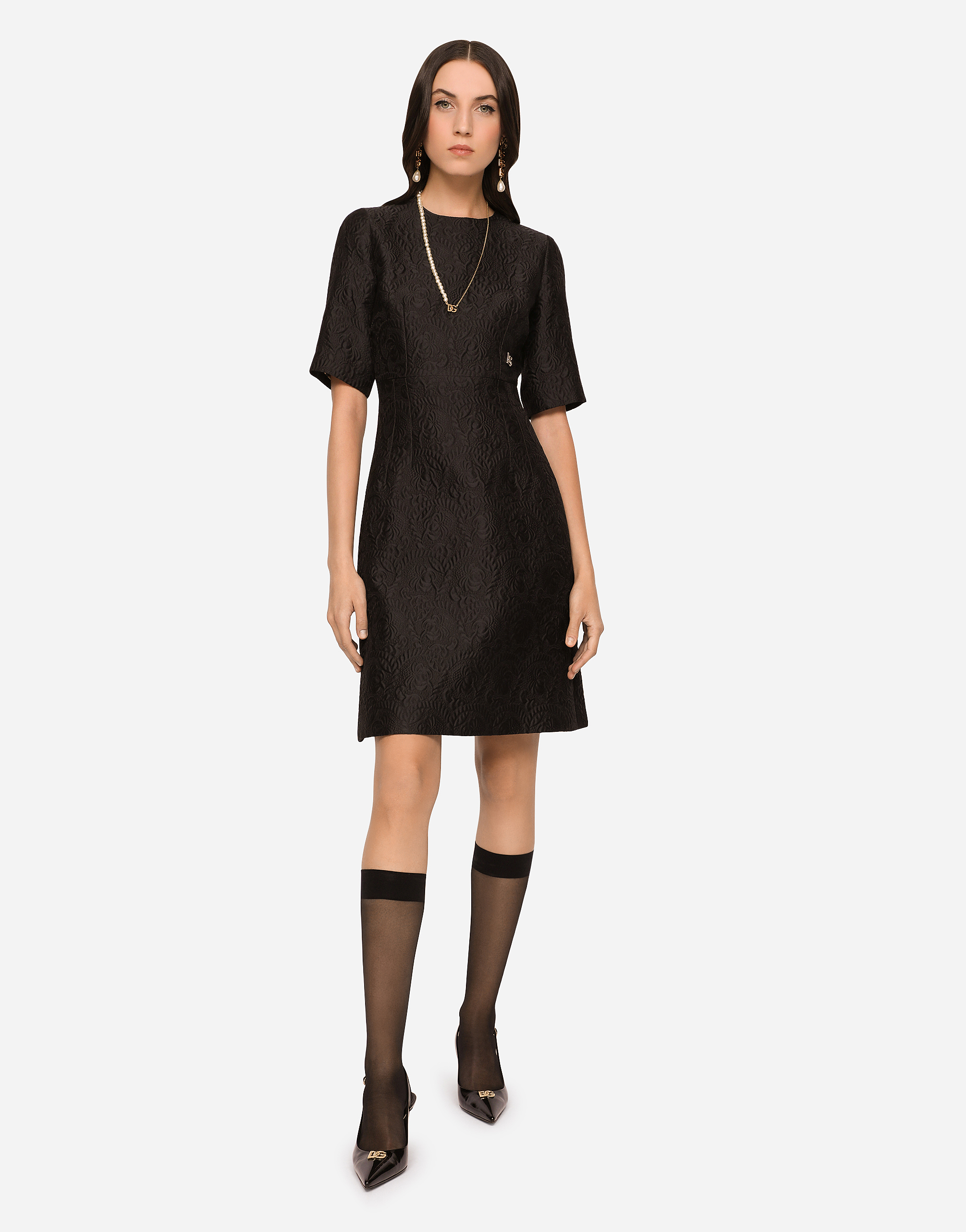 Dolce & Gabbana Black Floral Jacquard Midi Dress In Black