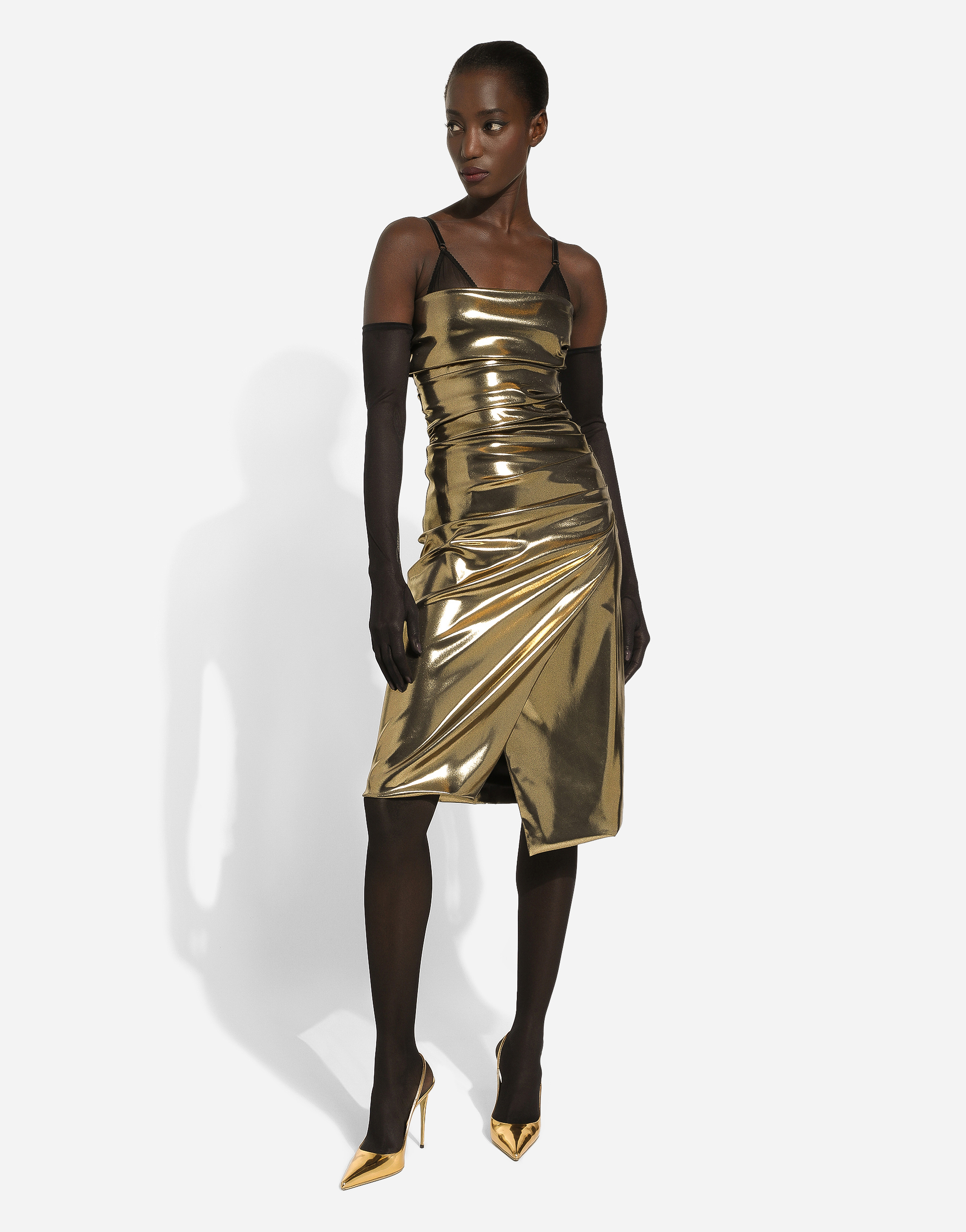 DOLCE & GABBANA FOILED SATIN STRAPLESS CALF-LENGTH DRESS