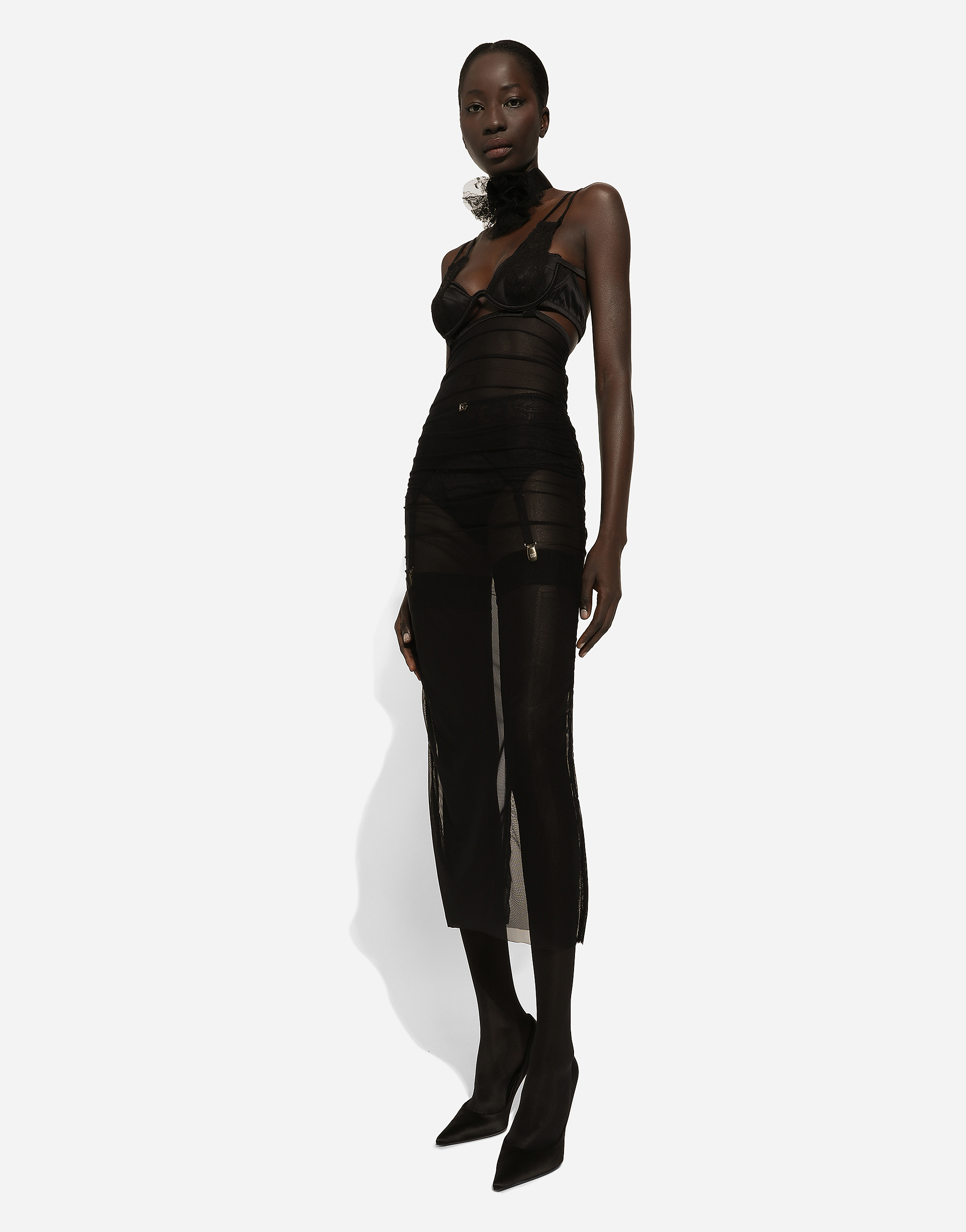 Tulle calf-length dress with corset details
