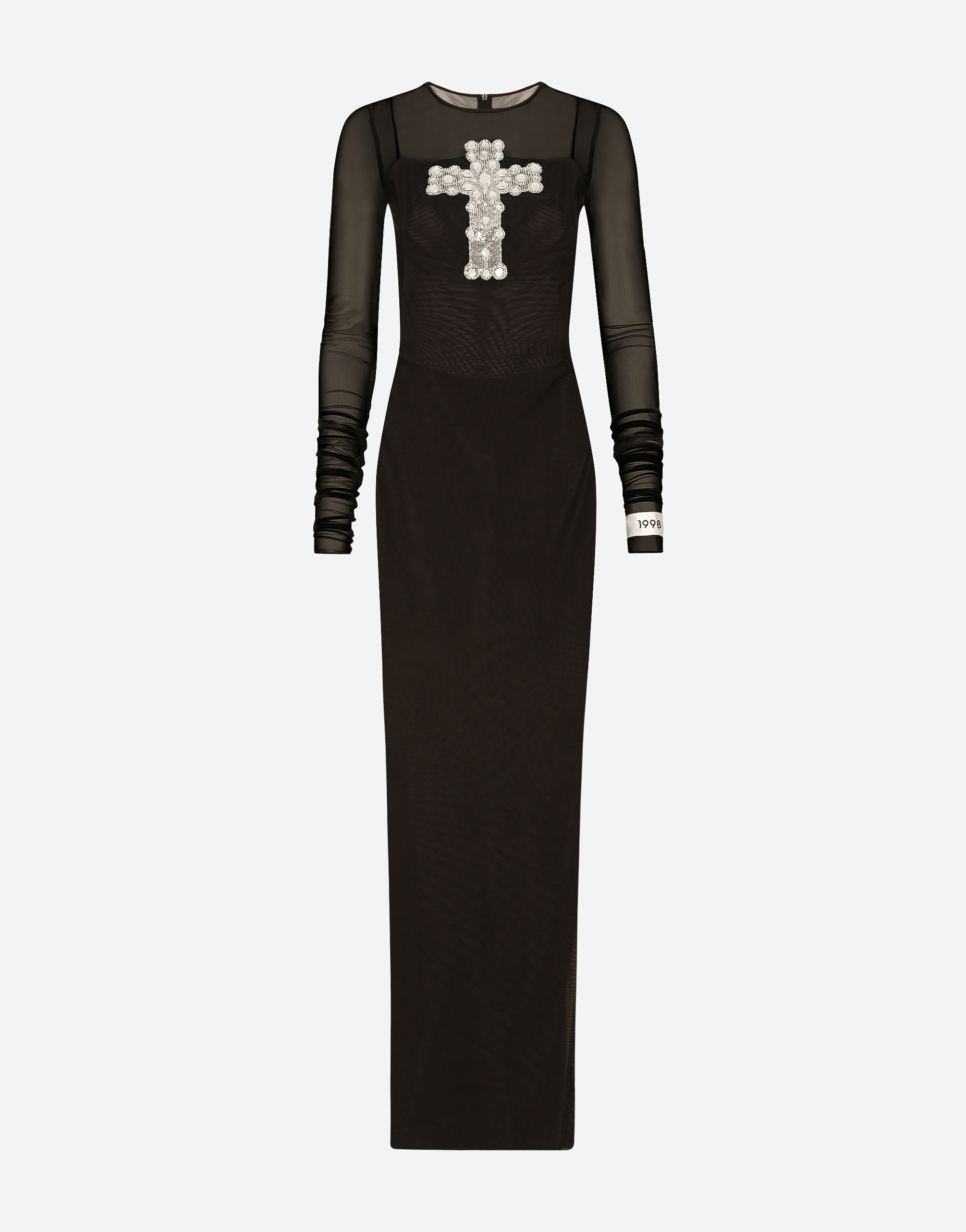 Dolce & Gabbana Long Tulle Dress With Rhinestone Cross Embellishment In Black