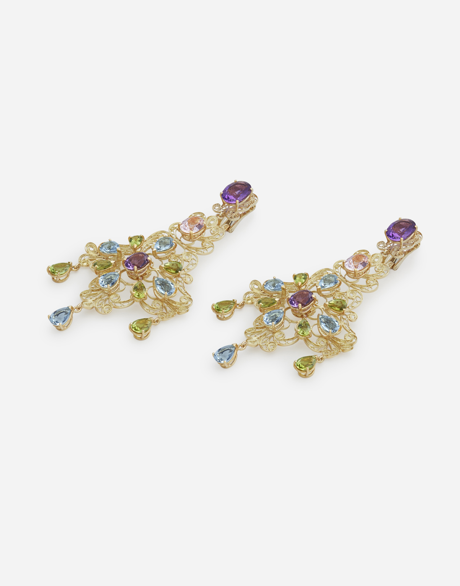 Dolce & Gabbana Pizzo Earrings In Yellow Gold Filigree With Amethysts, Aquamarines, Peridots And Morganites In Gold