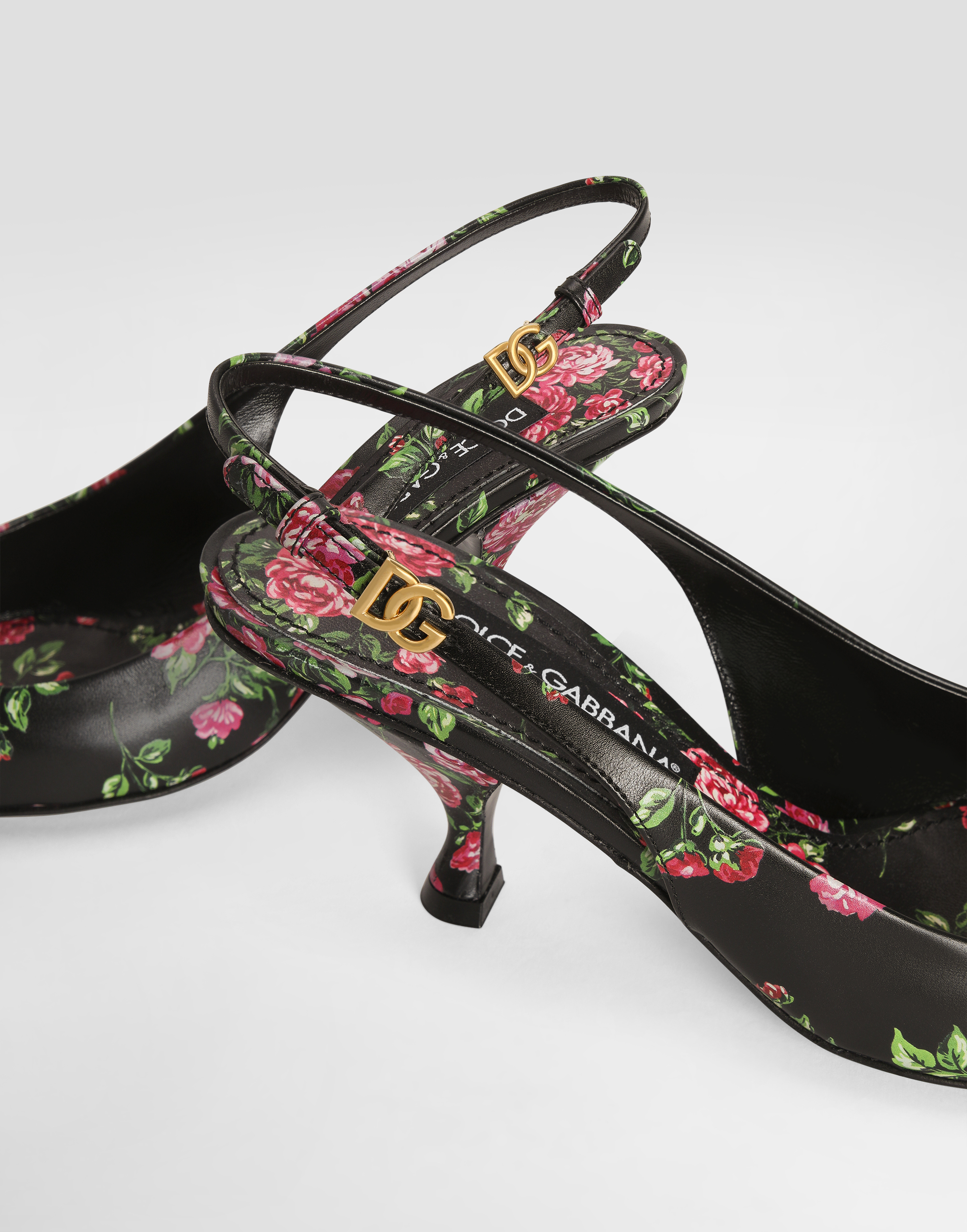 Dolce & Gabbana Lollo Calfskin Slingback With Rose Print In Multi