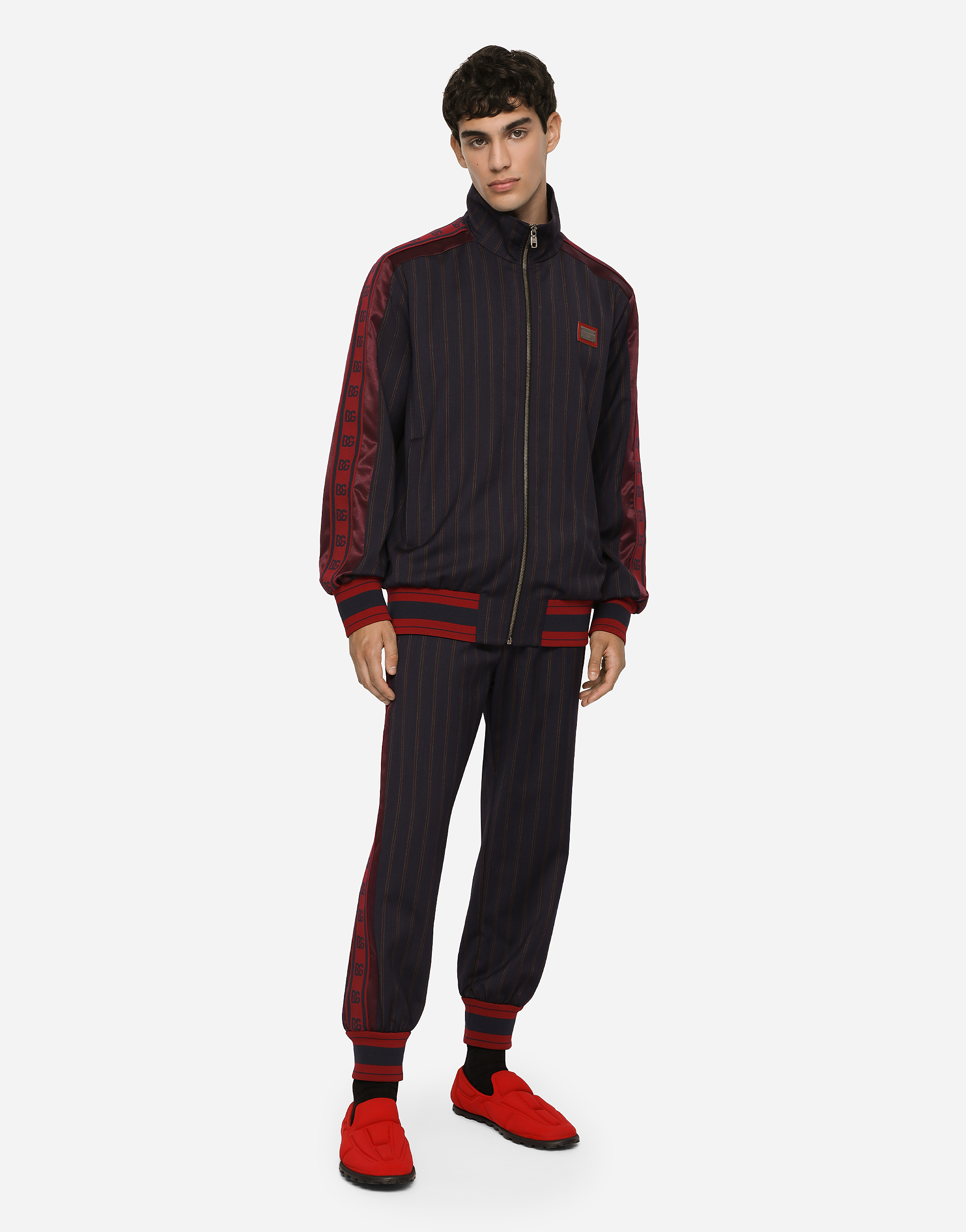 DOLCE & GABBANA PINSTRIPE JOGGING PANTS WITH BRANDED BANDS
