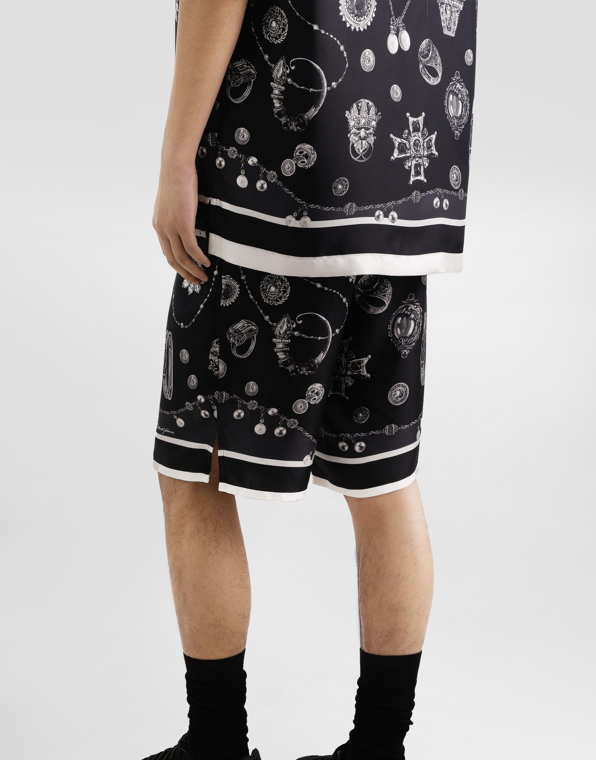 Dolce & Gabbana Medal-print Silk Twill Bermuda Shorts In Black