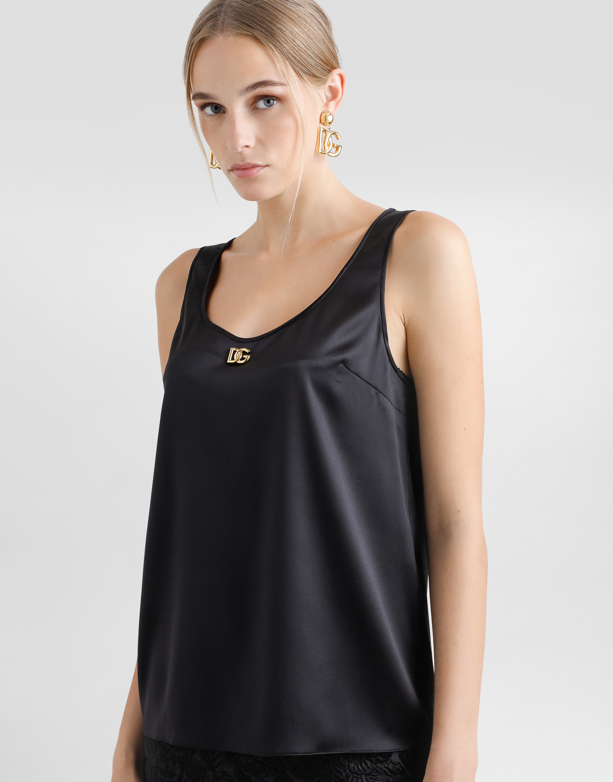 Dolce & Gabbana Dolce Gabbana Dg Logo Pin Satin Tank Top In Nero