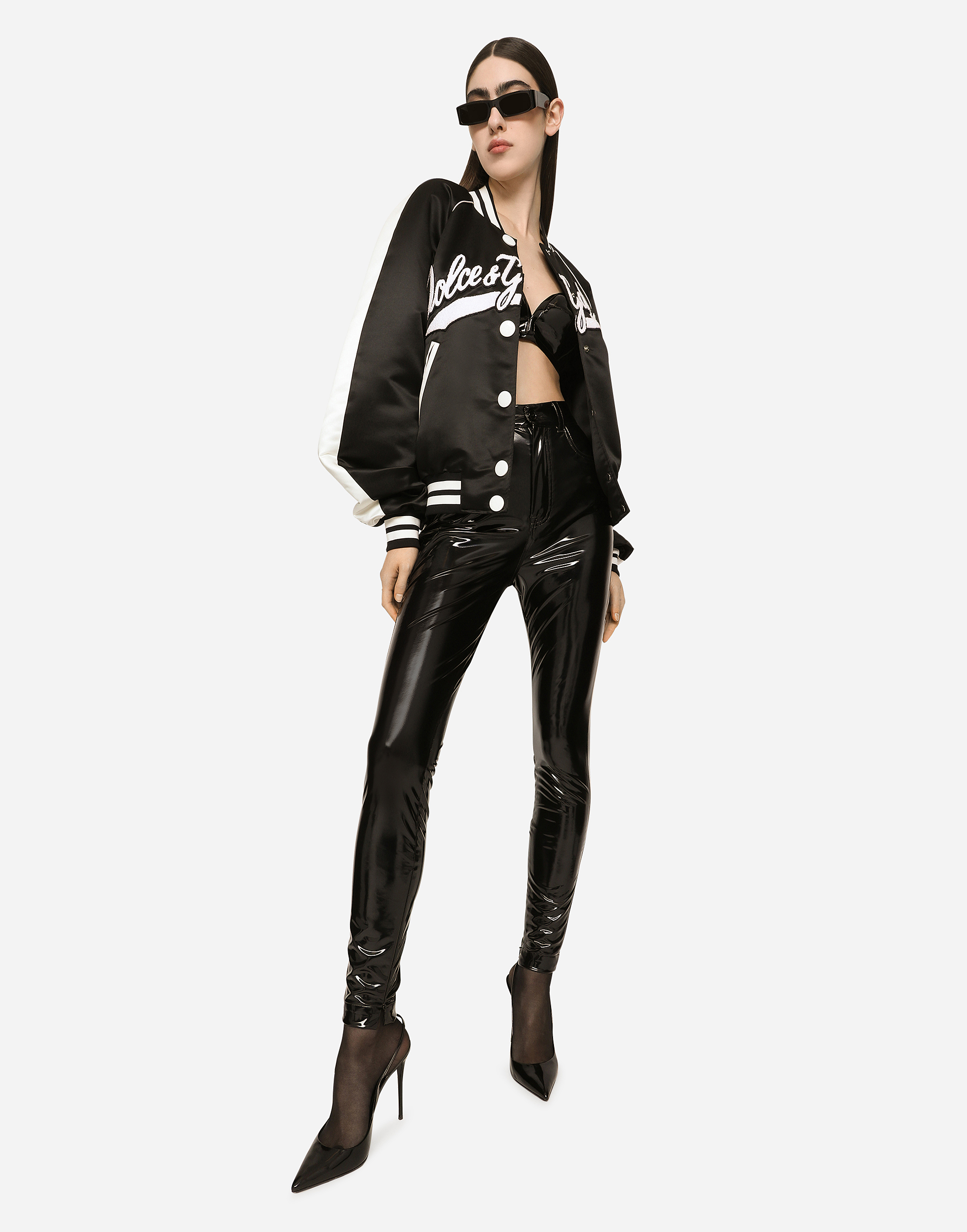 DOLCE & GABBANA SATIN VARSITY BOMBER JACKET WITH DOLCE&GABBANA EMBROIDERY