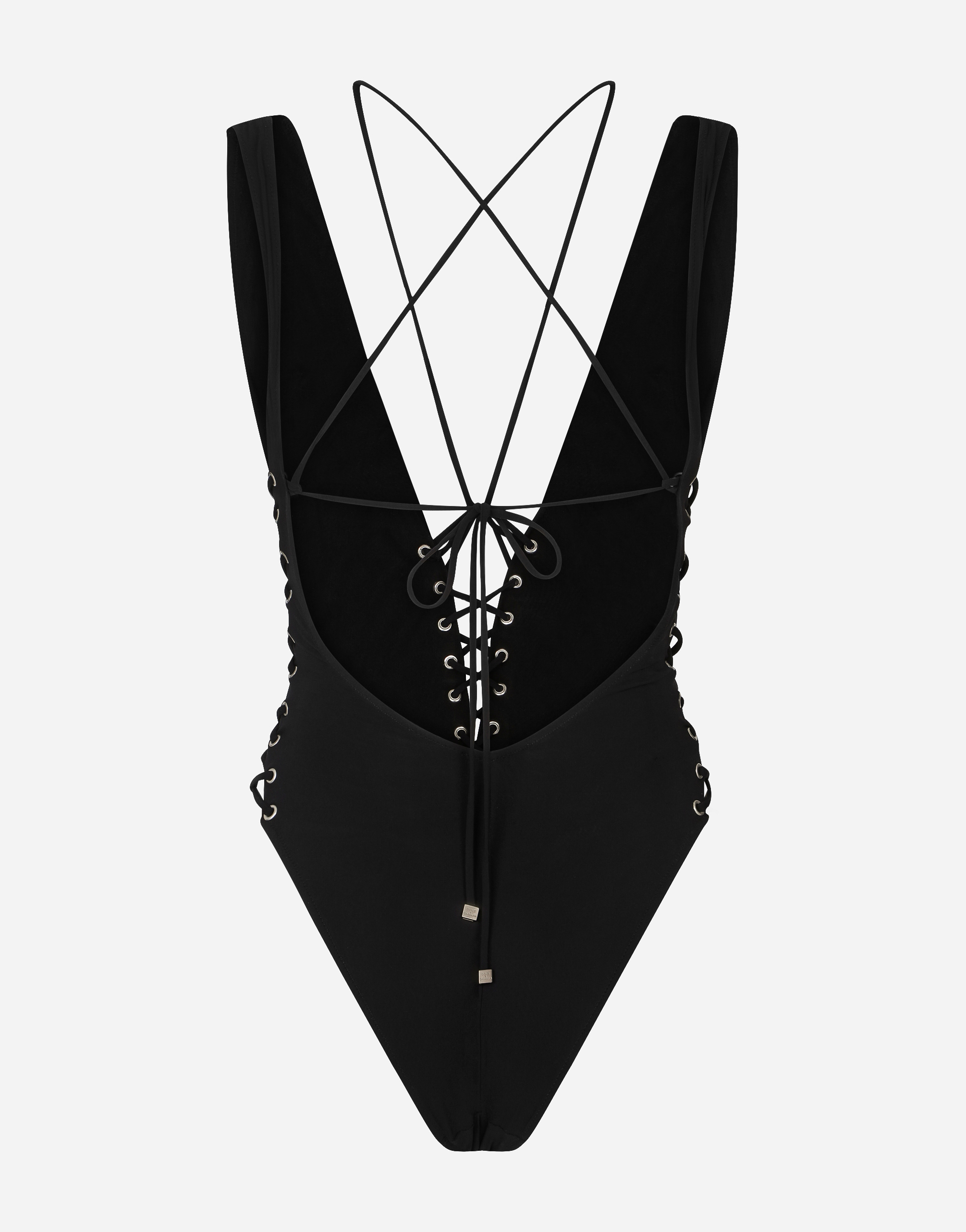 Dolce & Gabbana One-piece Swimsuit With Plunging Neckline And Lacing And Eyelets In Black