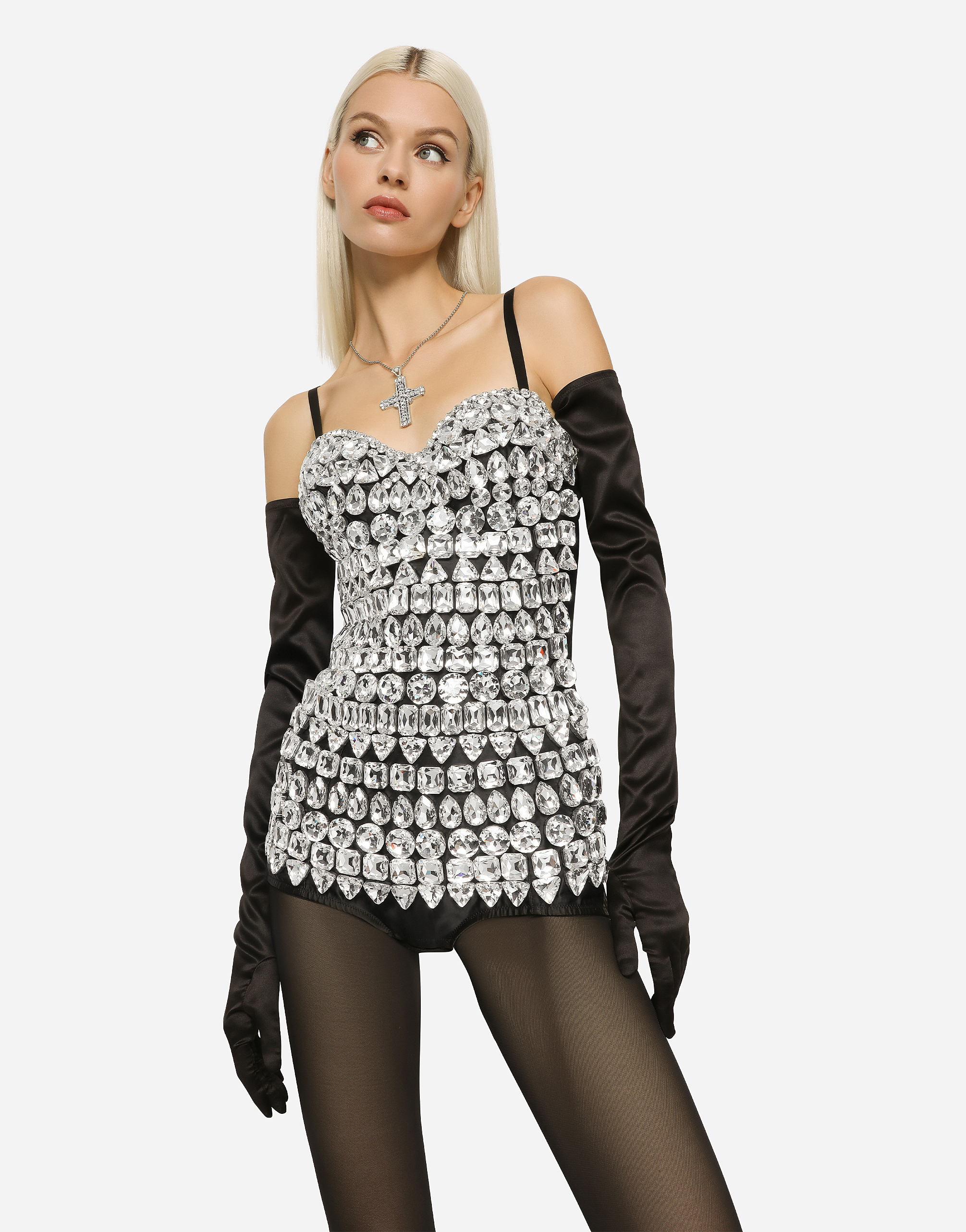 DOLCE & GABBANA MARQUISETTE BODYSUIT WITH RHINESTONE EMBELLISHMENT