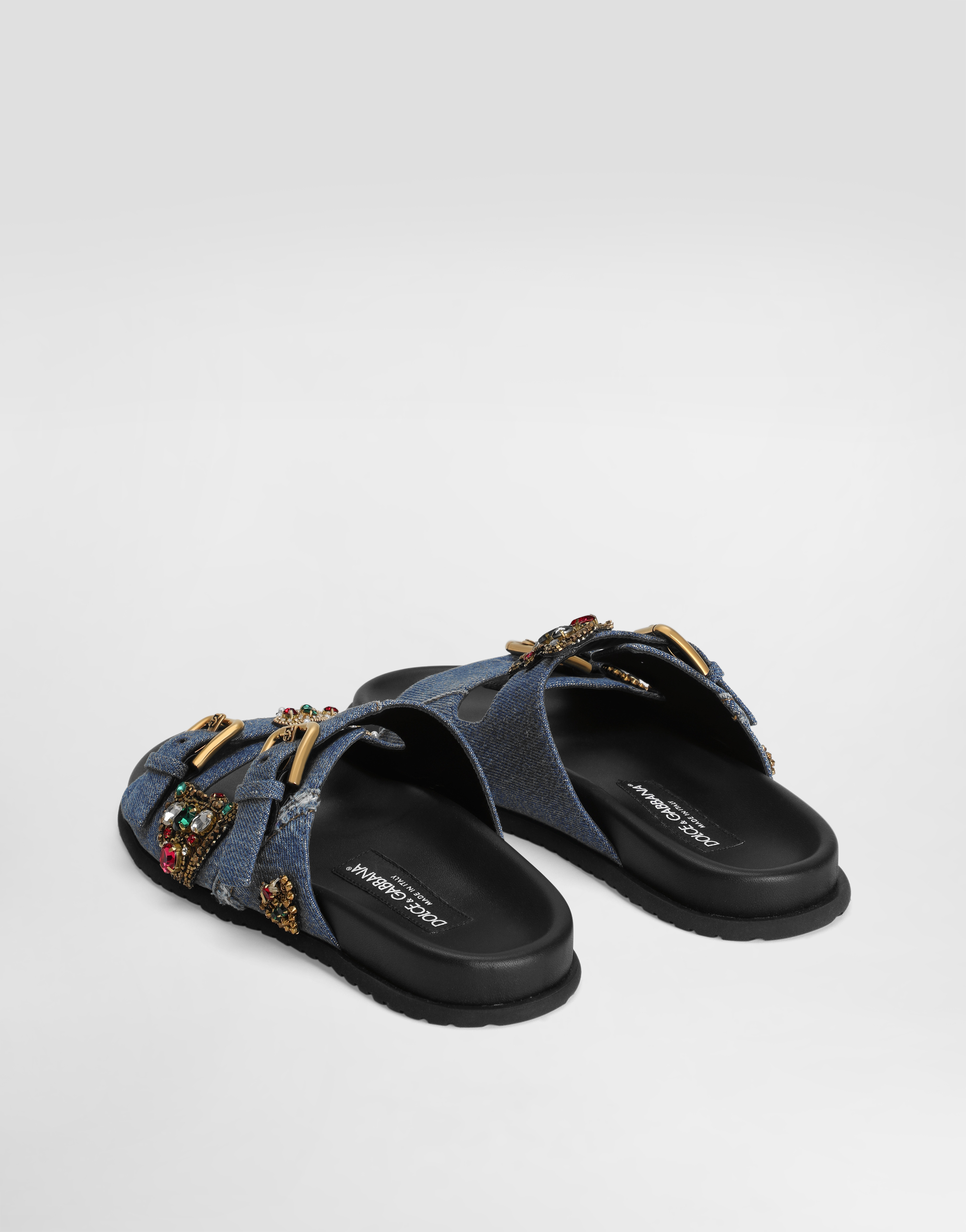 Dolce & Gabbana Flat Denim Slippers With Embroidery In Blue