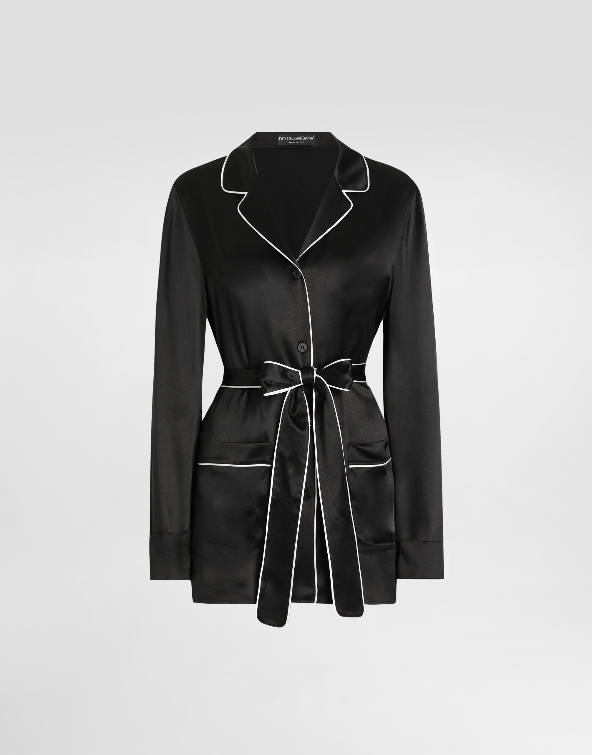 Silk pajama shirt with contrasting piping in Black for Women